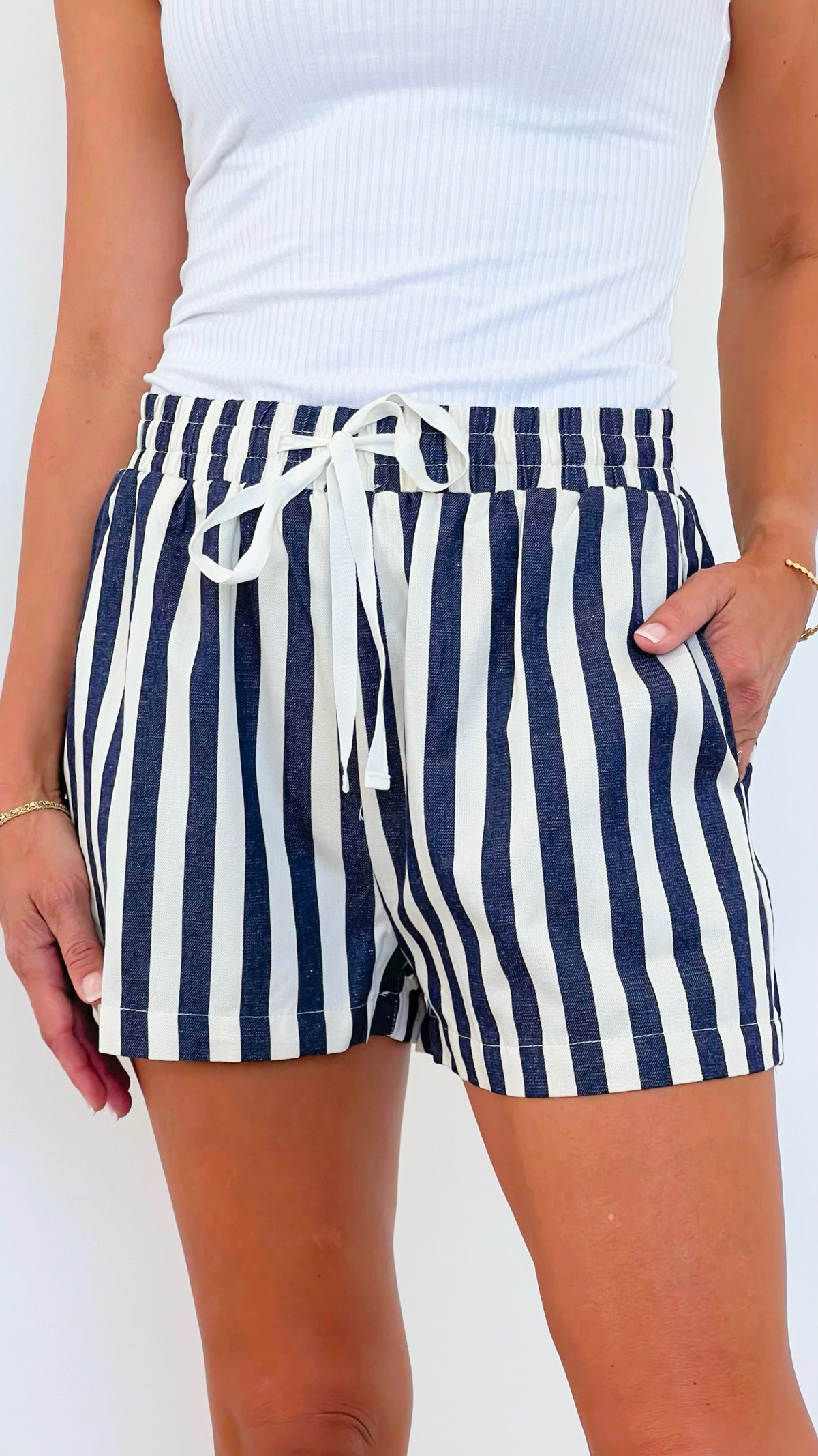 Striped Tie Front Denim Shorts-170 Bottoms-Anniewear-Coastal Bloom Boutique, find the trendiest versions of the popular styles and looks Located in Indialantic, FL