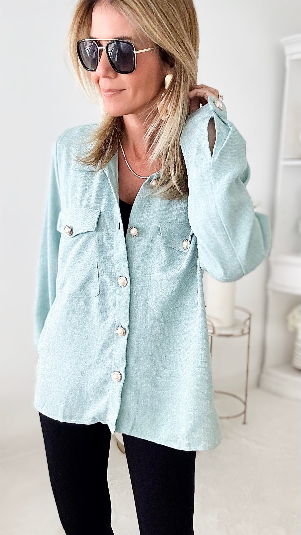 Casually Sophisticated Tweed Shacket - Aqua-160 Jackets-HYFVE-Coastal Bloom Boutique, find the trendiest versions of the popular styles and looks Located in Indialantic, FL