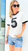 Number 5 Rhinestone Top - White-110 Short Sleeve Tops-pastel design-Coastal Bloom Boutique, find the trendiest versions of the popular styles and looks Located in Indialantic, FL