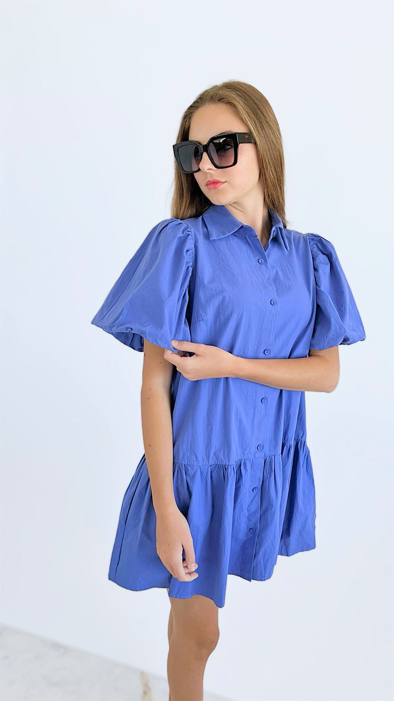 Puff Sleeves Button Down Dress - Periwinkle-200 dresses/jumpsuits/rompers-FSL APPAREL-Coastal Bloom Boutique, find the trendiest versions of the popular styles and looks Located in Indialantic, FL