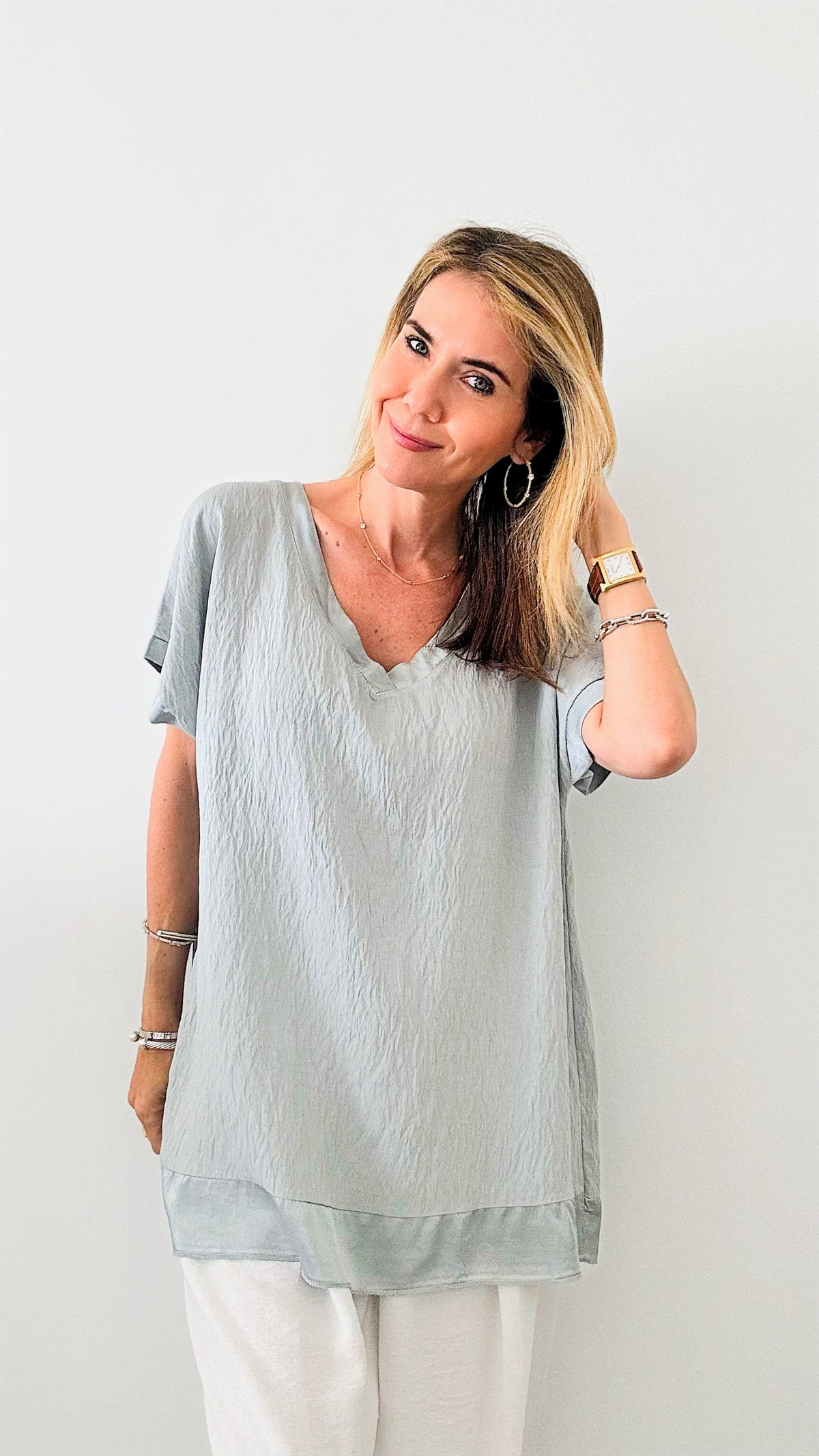 Satin Trim Italian Top - Grey-110 Short Sleeve Tops-Italianissimo-Coastal Bloom Boutique, find the trendiest versions of the popular styles and looks Located in Indialantic, FL