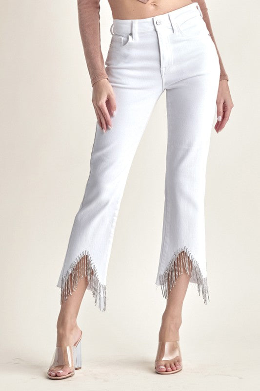 High Rise CZ Fringe Jean - White-190 Denim-Risen-Coastal Bloom Boutique, find the trendiest versions of the popular styles and looks Located in Indialantic, FL
