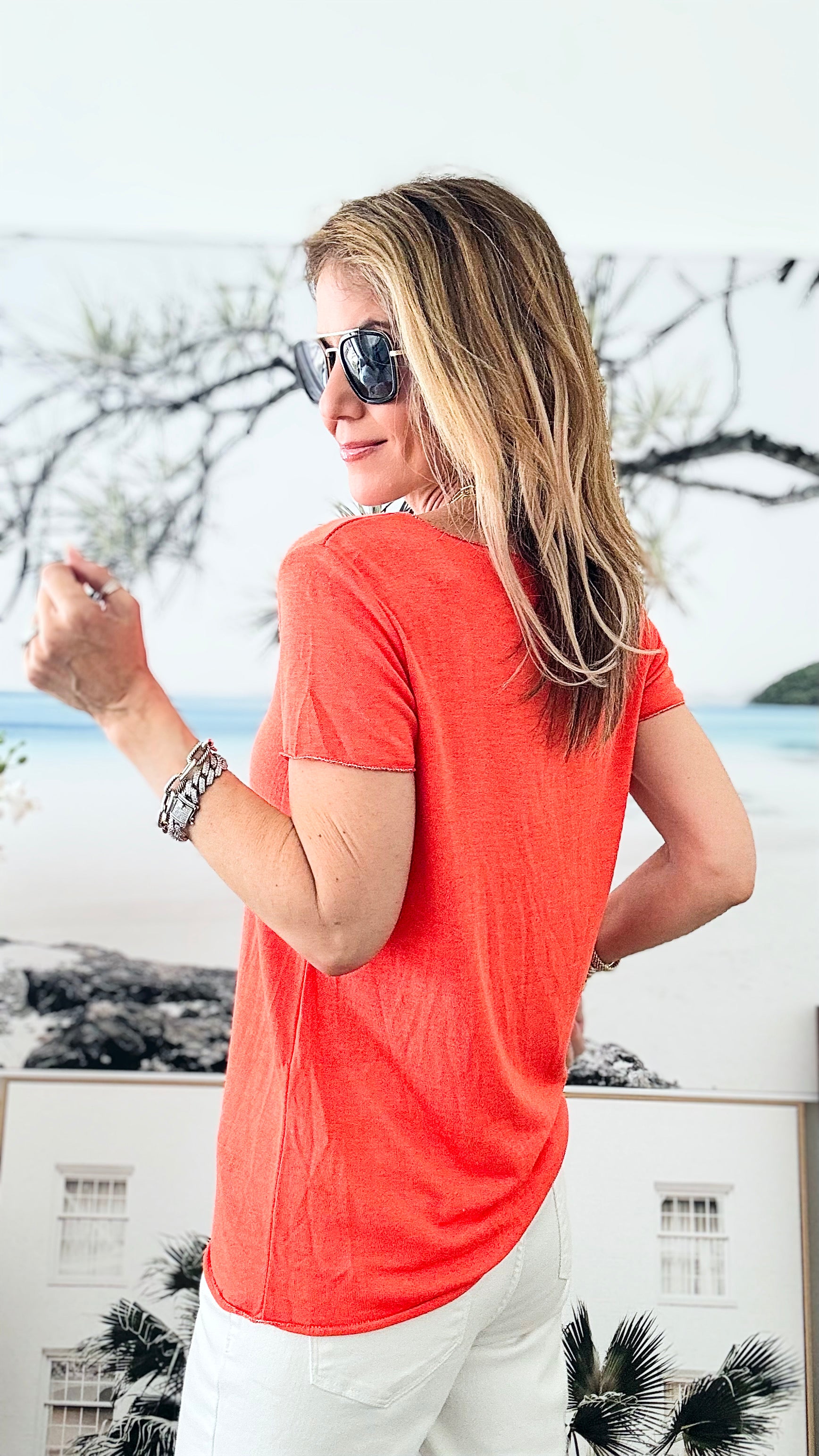 Recoleta Short Sleeve Italian Top - Tangerine-110 Short Sleeve Tops-Italianissimo-Coastal Bloom Boutique, find the trendiest versions of the popular styles and looks Located in Indialantic, FL
