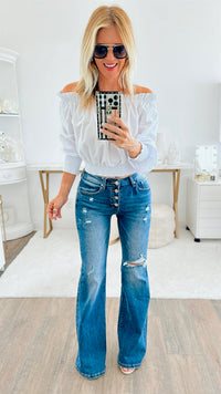 Mid Rise Flare Button Down Jeans - Dark-170 Bottoms-RISEN JEANS-Coastal Bloom Boutique, find the trendiest versions of the popular styles and looks Located in Indialantic, FL