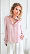 Satin Ruffle Button Down Top - Misty Pink-130 Long Sleeve Tops-she+sky-Coastal Bloom Boutique, find the trendiest versions of the popular styles and looks Located in Indialantic, FL