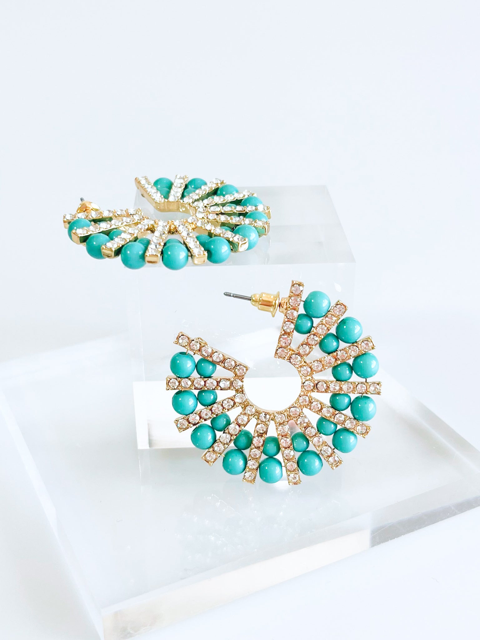 Turquoise Stone CZ Embellished Hoop Earrings-230 Jewelry-Wona Trading-Coastal Bloom Boutique, find the trendiest versions of the popular styles and looks Located in Indialantic, FL