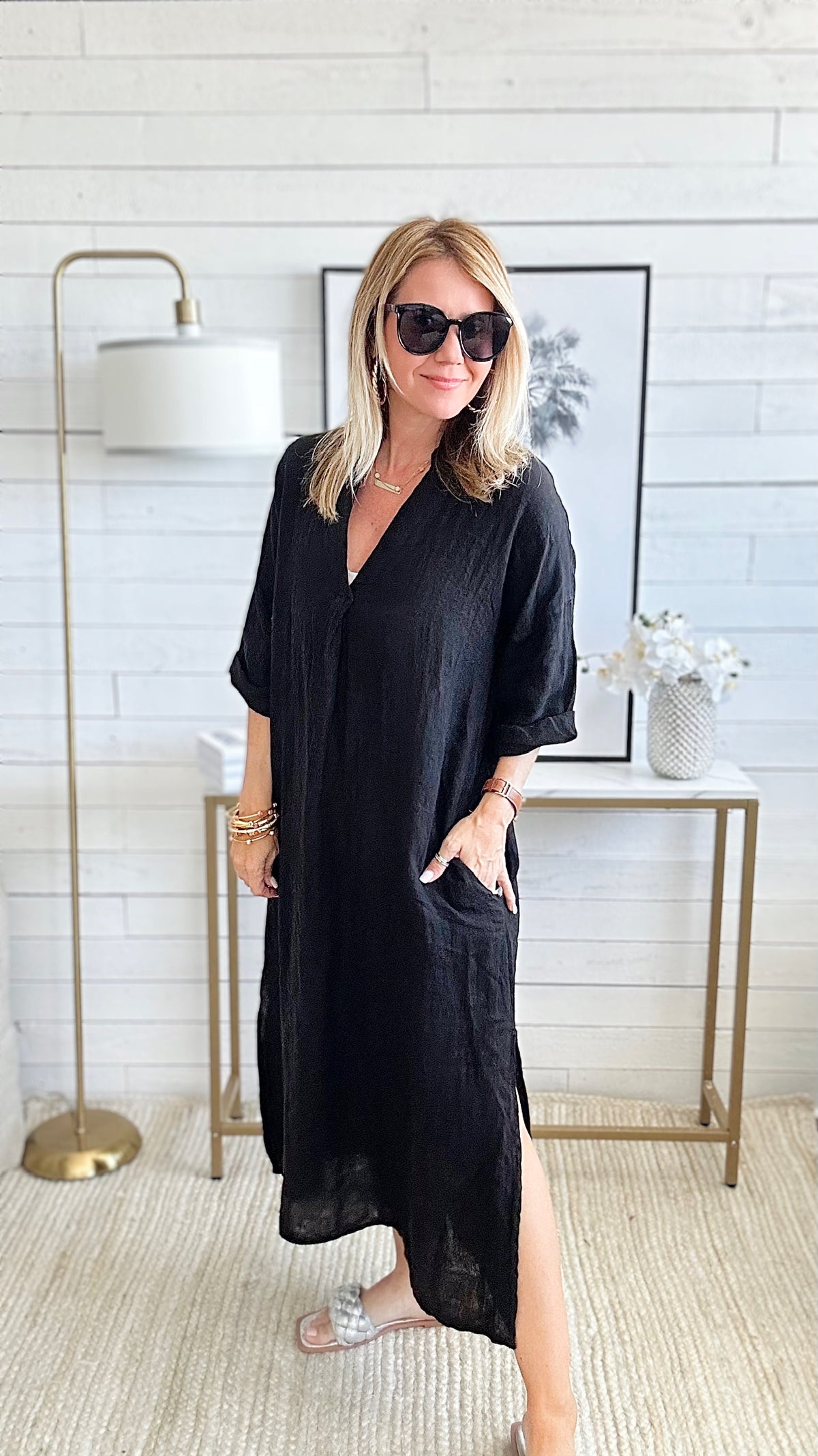 Pocketed Linen Tunic Italian Dress - Black-200 Dresses/Jumpsuits/Rompers-Yolly-Coastal Bloom Boutique, find the trendiest versions of the popular styles and looks Located in Indialantic, FL