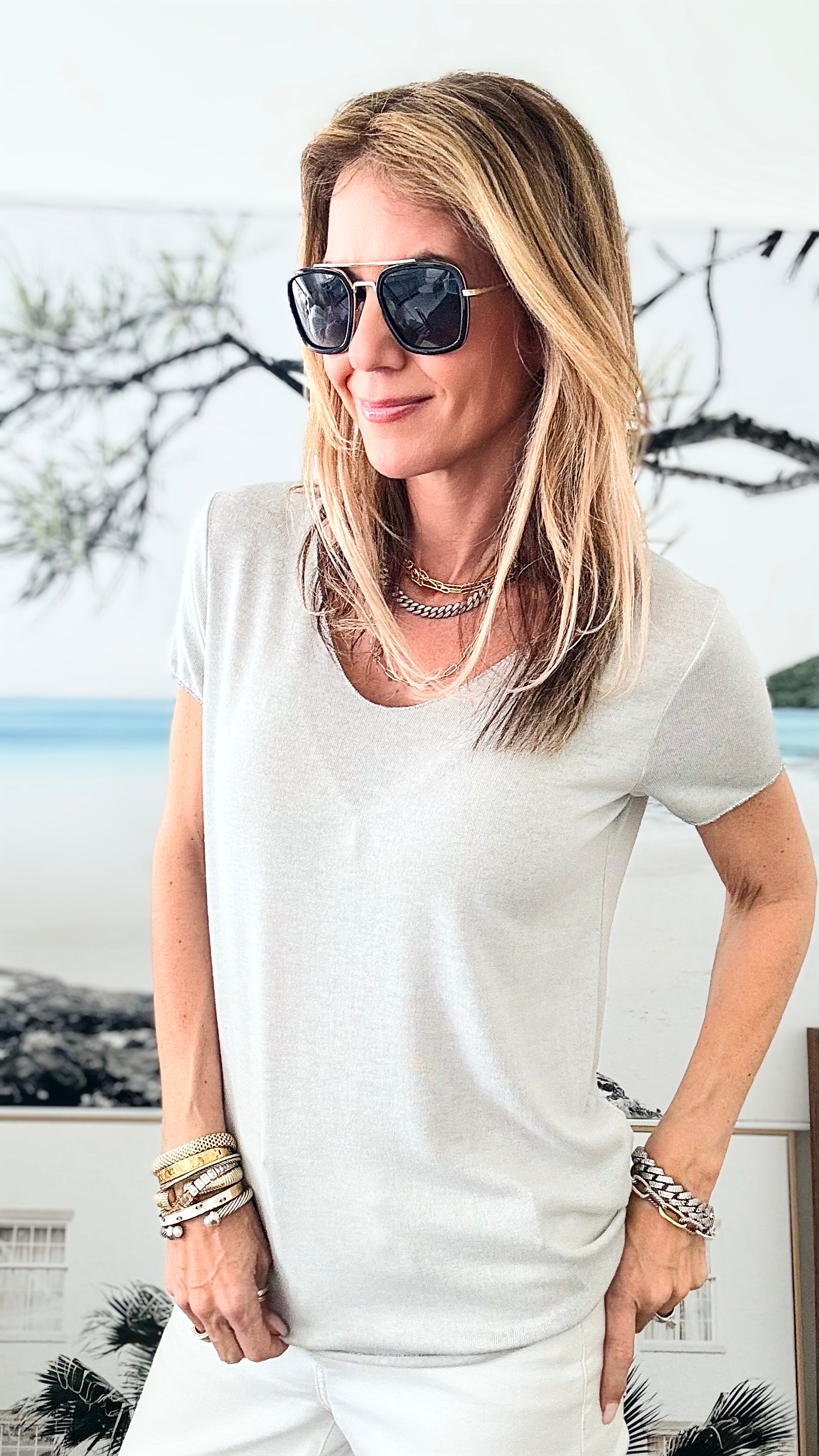 Recoleta Short Sleeve Italian Top - Light Grey-110 Short Sleeve Tops-Italianissimo-Coastal Bloom Boutique, find the trendiest versions of the popular styles and looks Located in Indialantic, FL