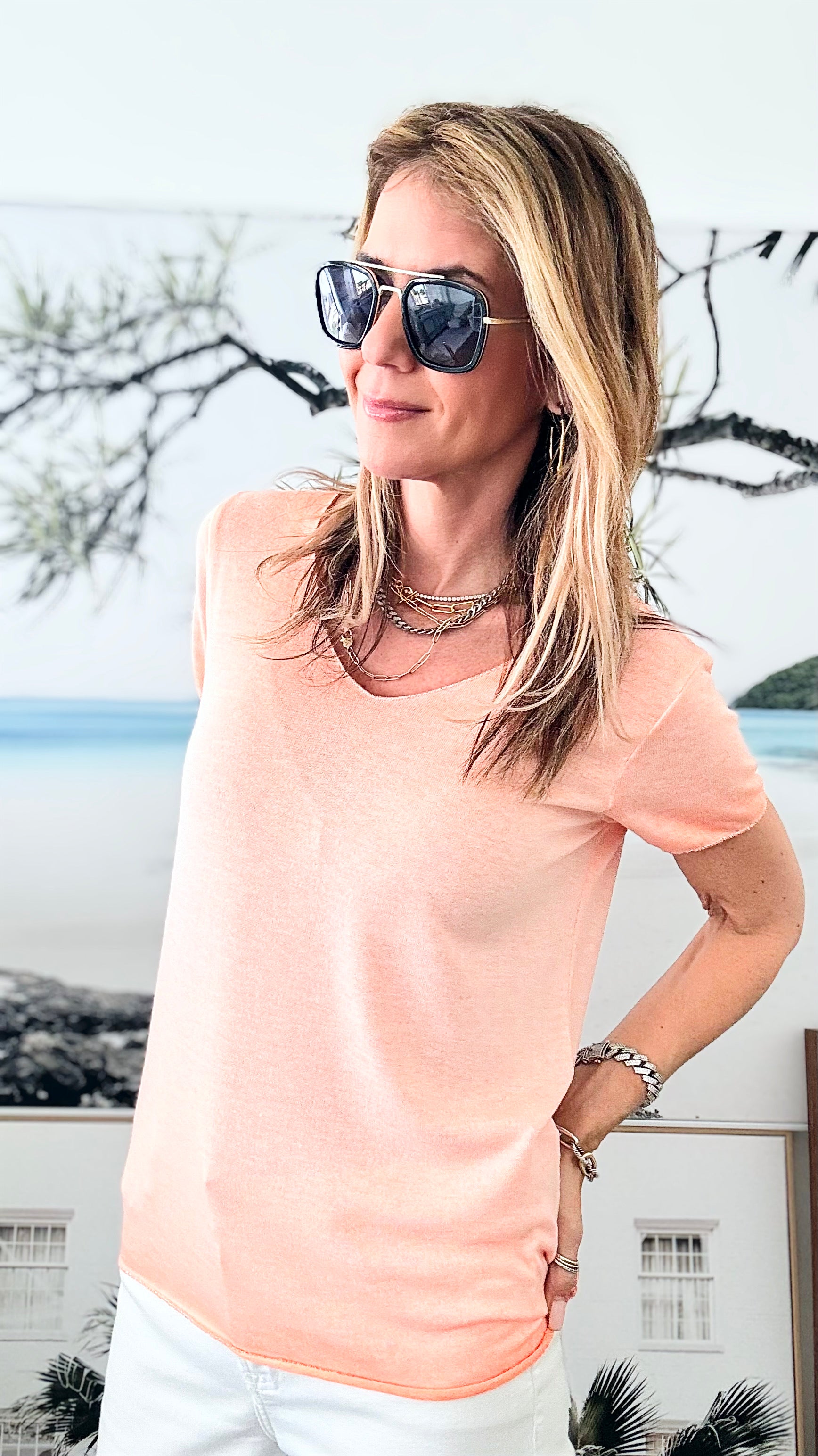 Recoleta Short Sleeve Italian Top - Melon-110 Short Sleeve Tops-Germany-Coastal Bloom Boutique, find the trendiest versions of the popular styles and looks Located in Indialantic, FL