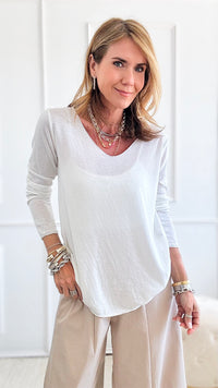 Recoleta Lurex Trim Italian Top - White-130 Long Sleeve Tops-Italianissimo-Coastal Bloom Boutique, find the trendiest versions of the popular styles and looks Located in Indialantic, FL