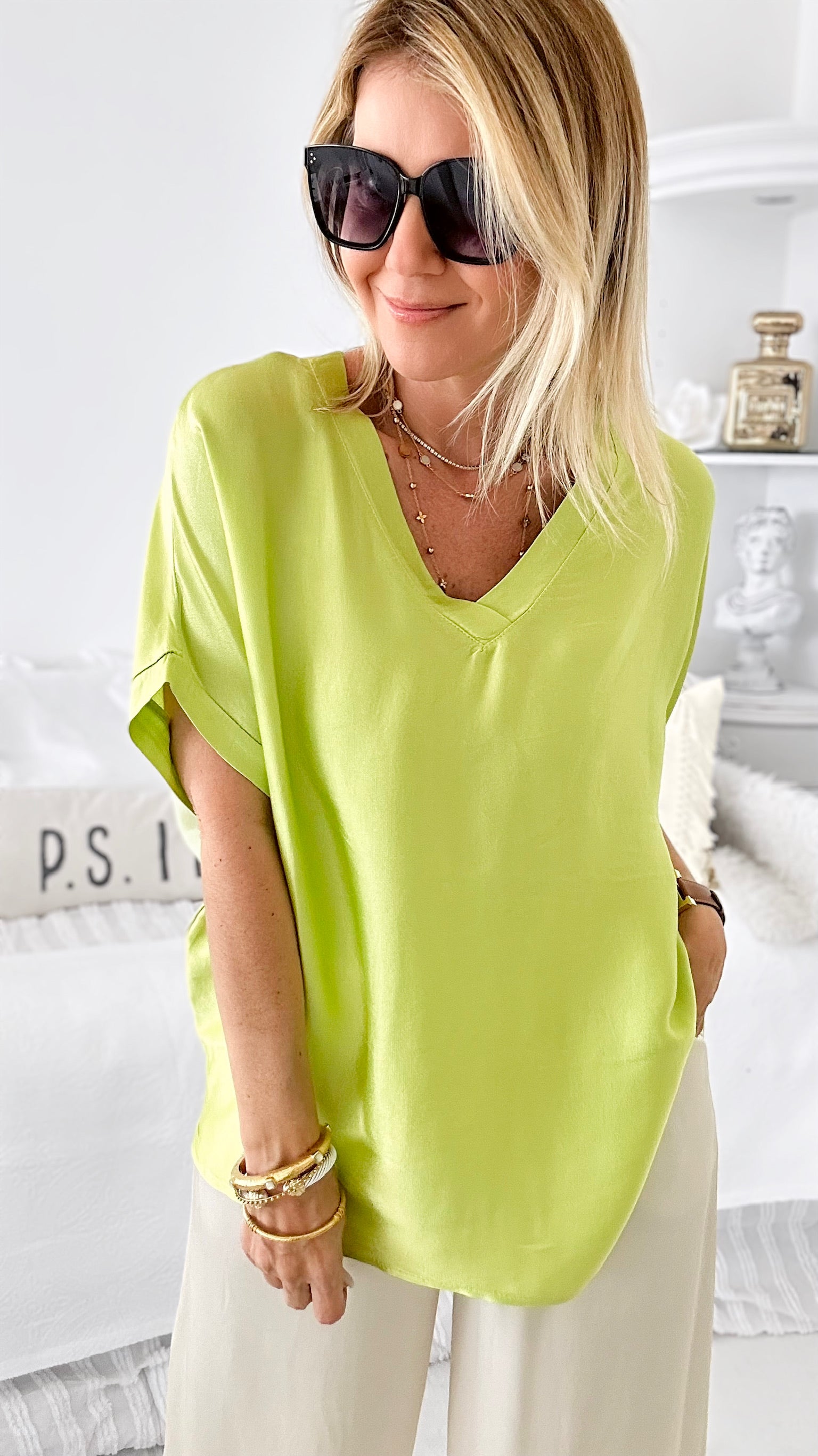 Effortless Italian V Neck Top - Lime-110 Short Sleeve Tops-Yolly-Coastal Bloom Boutique, find the trendiest versions of the popular styles and looks Located in Indialantic, FL