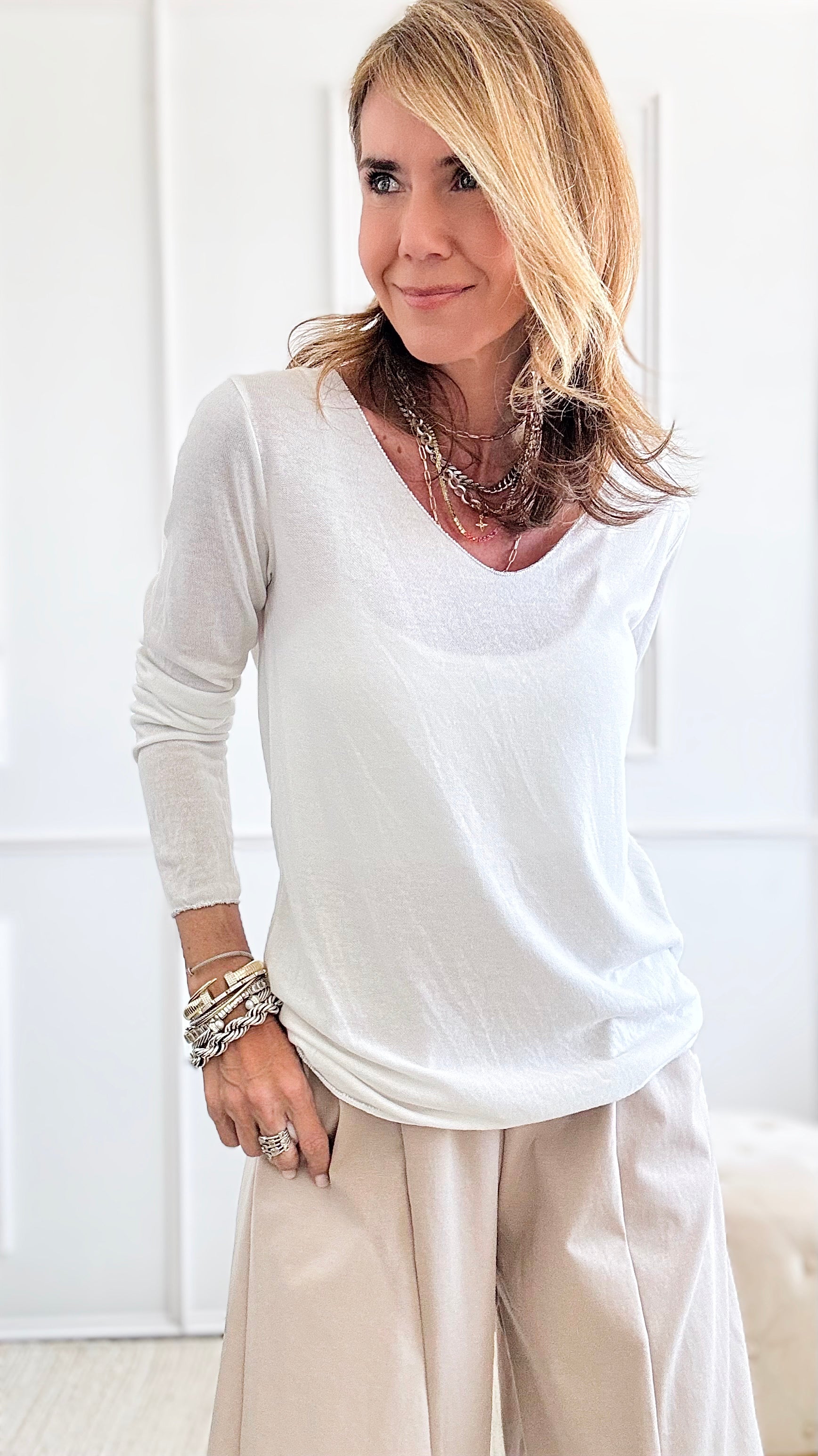 Recoleta Lurex Trim Italian Top - White-130 Long Sleeve Tops-Italianissimo-Coastal Bloom Boutique, find the trendiest versions of the popular styles and looks Located in Indialantic, FL