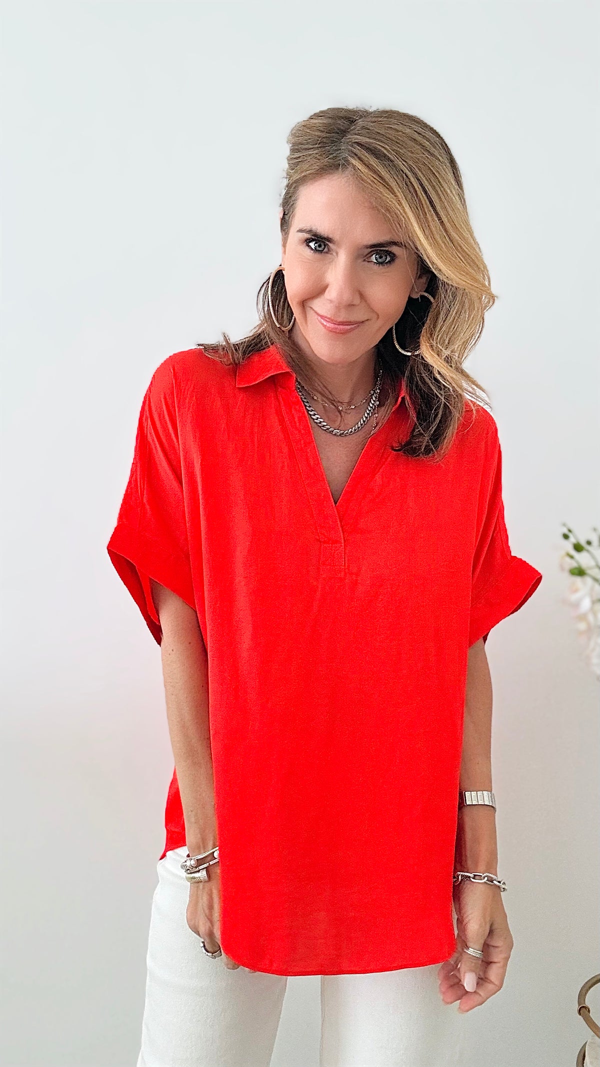 Short Sleeve Blouse Top - Tomato-110 Short Sleeve Tops-EESOME-Coastal Bloom Boutique, find the trendiest versions of the popular styles and looks Located in Indialantic, FL