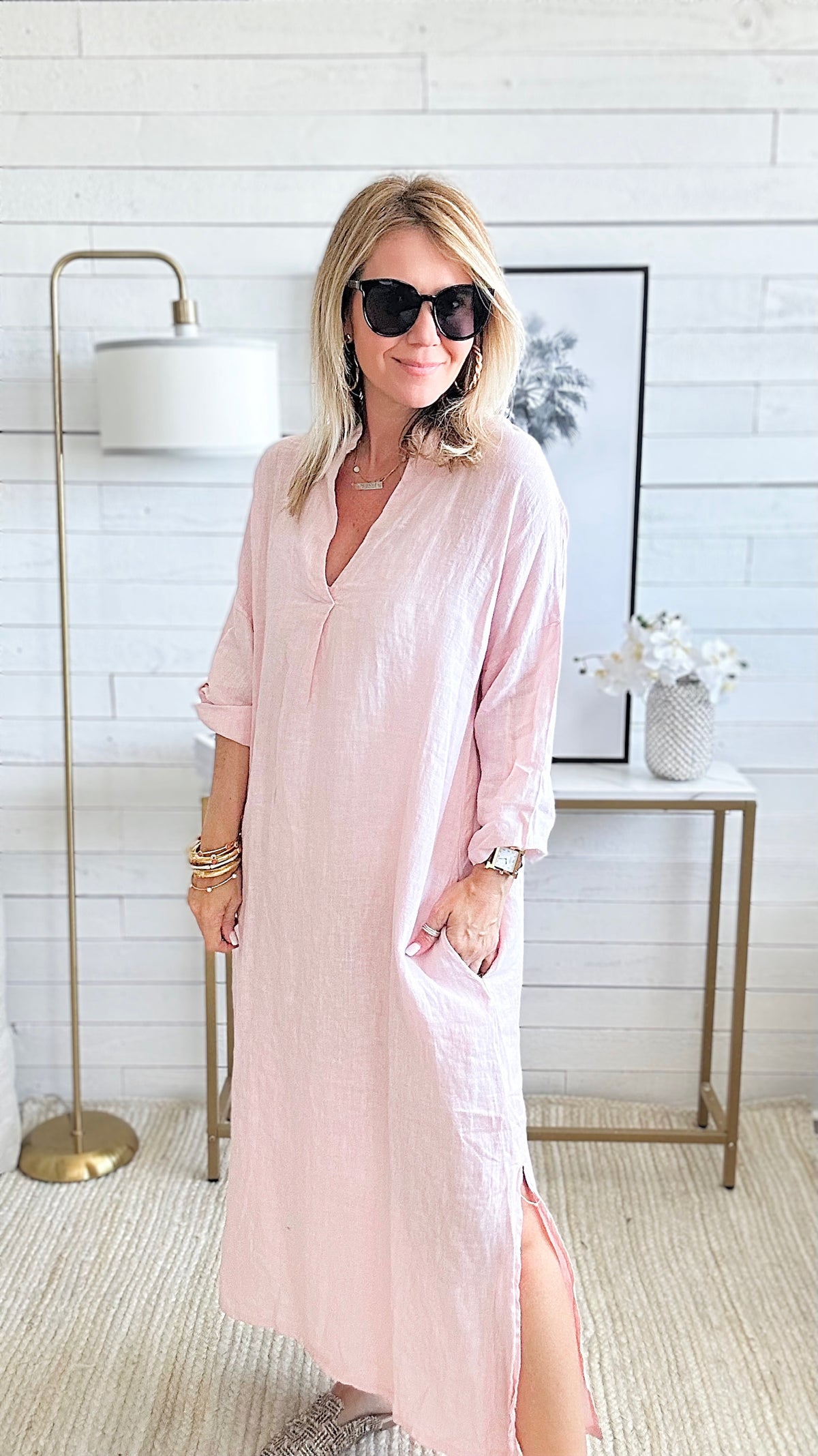 Pocketed Linen Tunic Italian Dress - Blush-200 Dresses/Jumpsuits/Rompers-Yolly-Coastal Bloom Boutique, find the trendiest versions of the popular styles and looks Located in Indialantic, FL