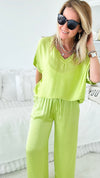 Angora Italian Satin Pant - Lime-170 Bottoms-Germany-Coastal Bloom Boutique, find the trendiest versions of the popular styles and looks Located in Indialantic, FL