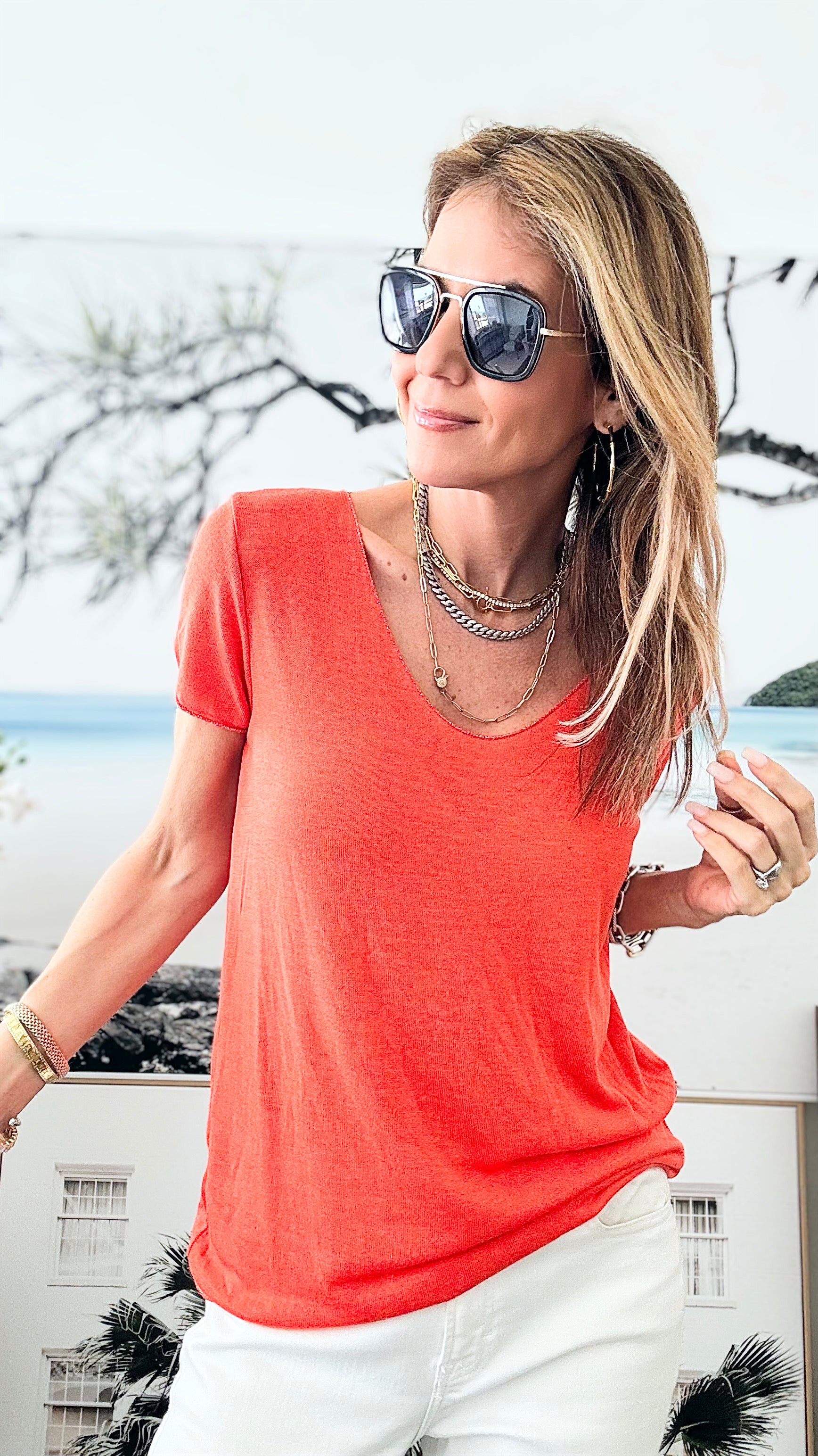 Recoleta Short Sleeve Italian Top - Tangerine-110 Short Sleeve Tops-Germany-Coastal Bloom Boutique, find the trendiest versions of the popular styles and looks Located in Indialantic, FL