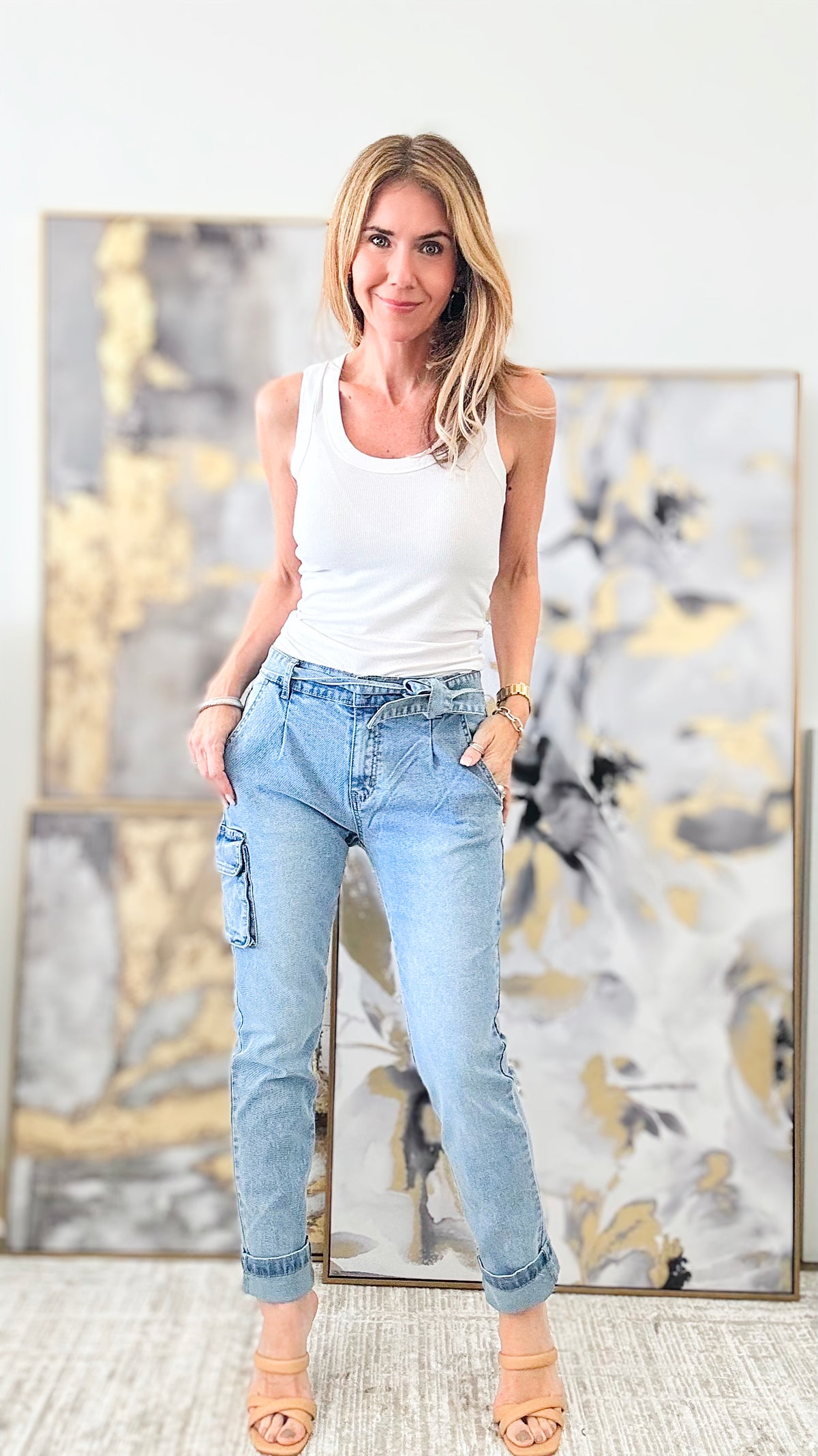 Tied Cargo Denim Italian Pants - Light Denim-170 Bottoms-Venti6-Coastal Bloom Boutique, find the trendiest versions of the popular styles and looks Located in Indialantic, FL