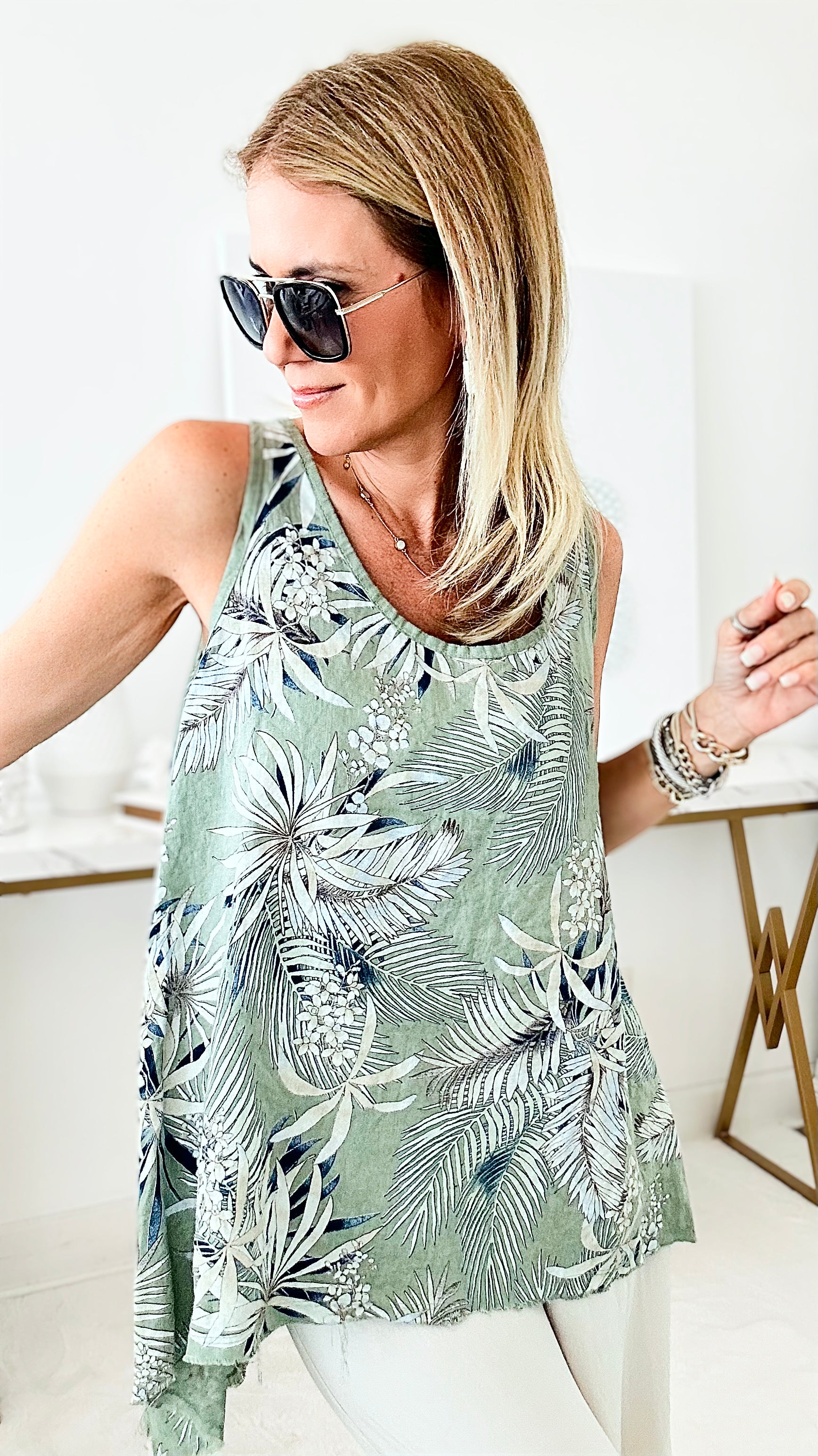Linen Tropical Leaf Italian Top - Olive-100 Sleeveless Tops-Coastal Bloom-Coastal Bloom Boutique, find the trendiest versions of the popular styles and looks Located in Indialantic, FL