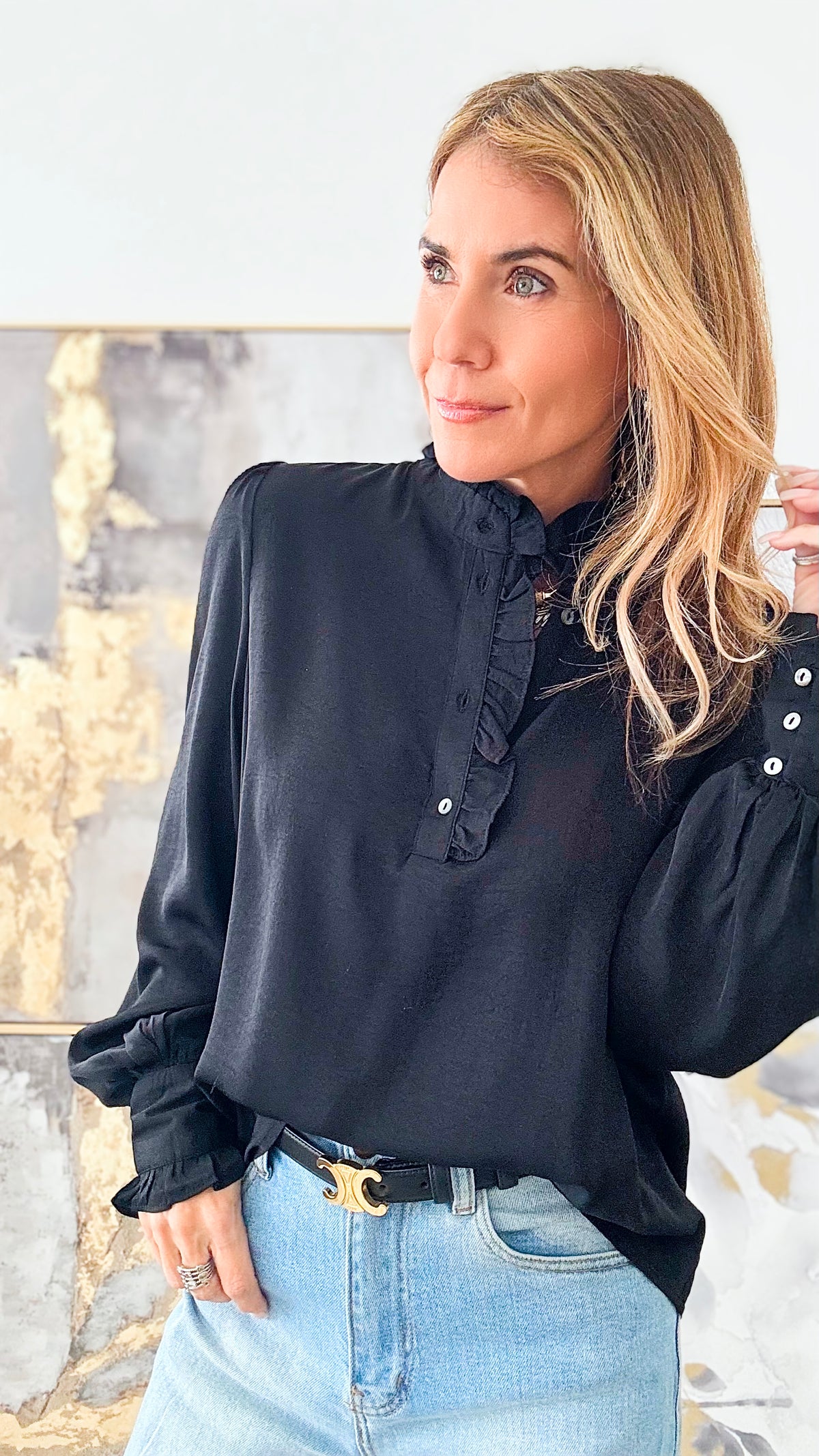 Satin Ruffle Button Down Top - Black-130 Long Sleeve Tops-she+sky-Coastal Bloom Boutique, find the trendiest versions of the popular styles and looks Located in Indialantic, FL