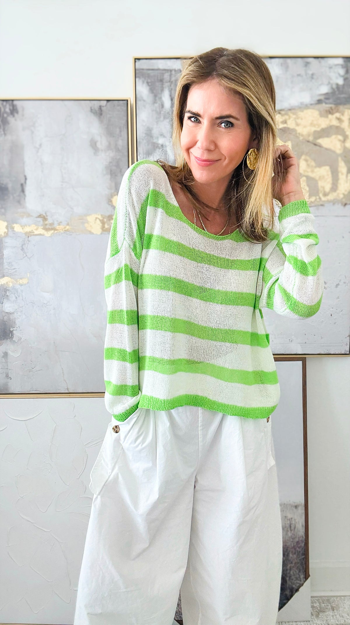 Classic Striped Print Sweater-Green, White-140 Sweaters-Rousseau-Coastal Bloom Boutique, find the trendiest versions of the popular styles and looks Located in Indialantic, FL