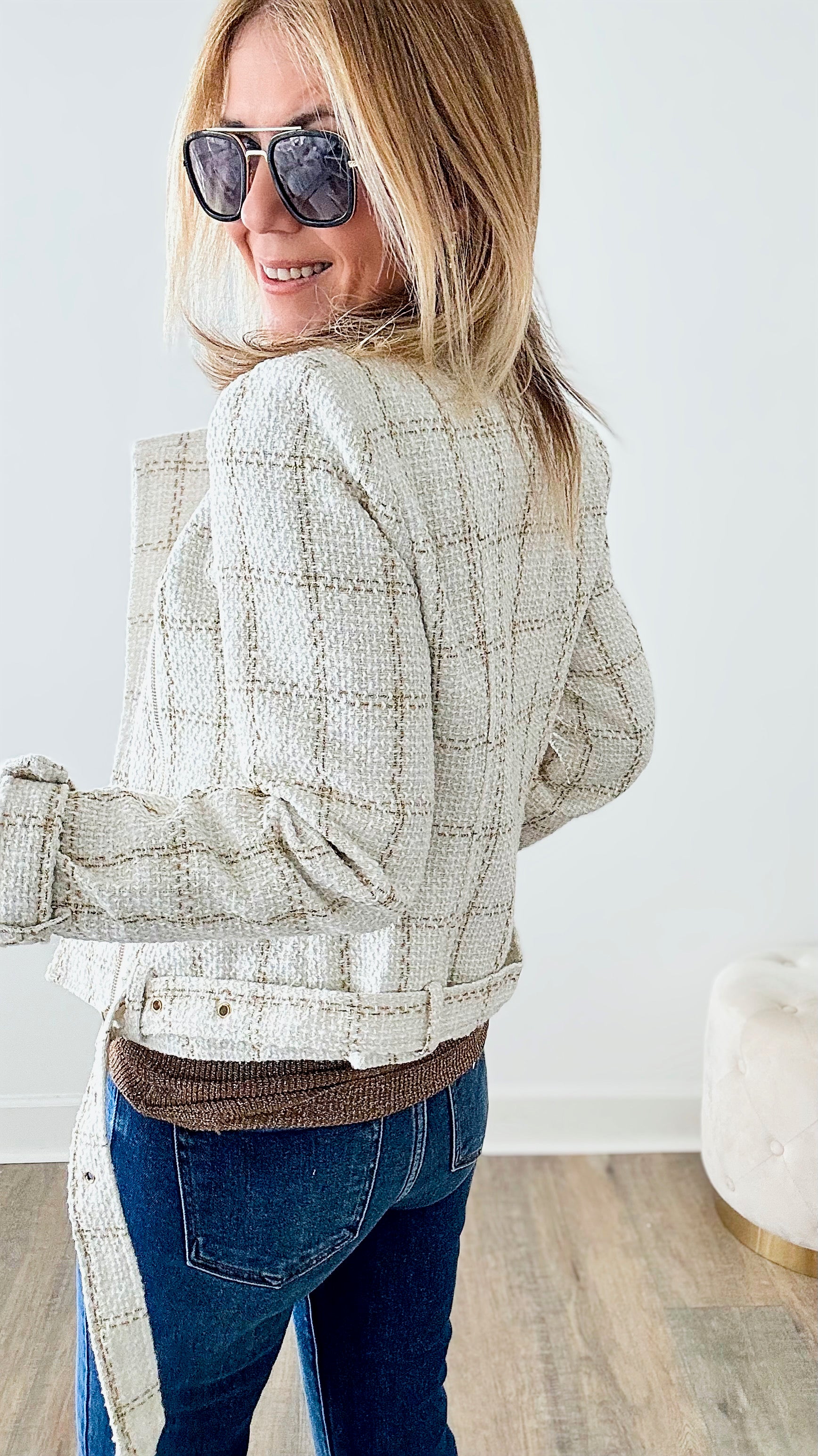 Gold Metallic Plaid Tweed Jacket-160 Jackets-BLITHE-Coastal Bloom Boutique, find the trendiest versions of the popular styles and looks Located in Indialantic, FL