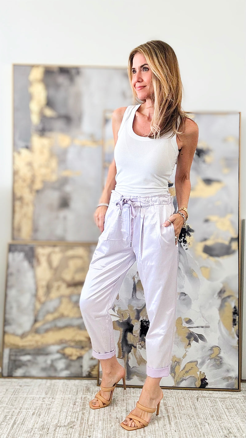 Metallic Sheen Elastic Pants -Lilac-170 Bottoms-VENTI6 OUTLET-Coastal Bloom Boutique, find the trendiest versions of the popular styles and looks Located in Indialantic, FL