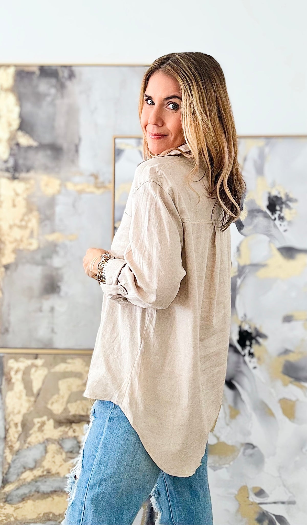 Linen Button Down Top - Khaki-130 Long Sleeve Tops-Love Tree Fashion-Coastal Bloom Boutique, find the trendiest versions of the popular styles and looks Located in Indialantic, FL