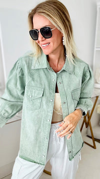 Girly Girl Cowgirl Shacket - Seafoam-130 Long Sleeve Tops-entro-Coastal Bloom Boutique, find the trendiest versions of the popular styles and looks Located in Indialantic, FL
