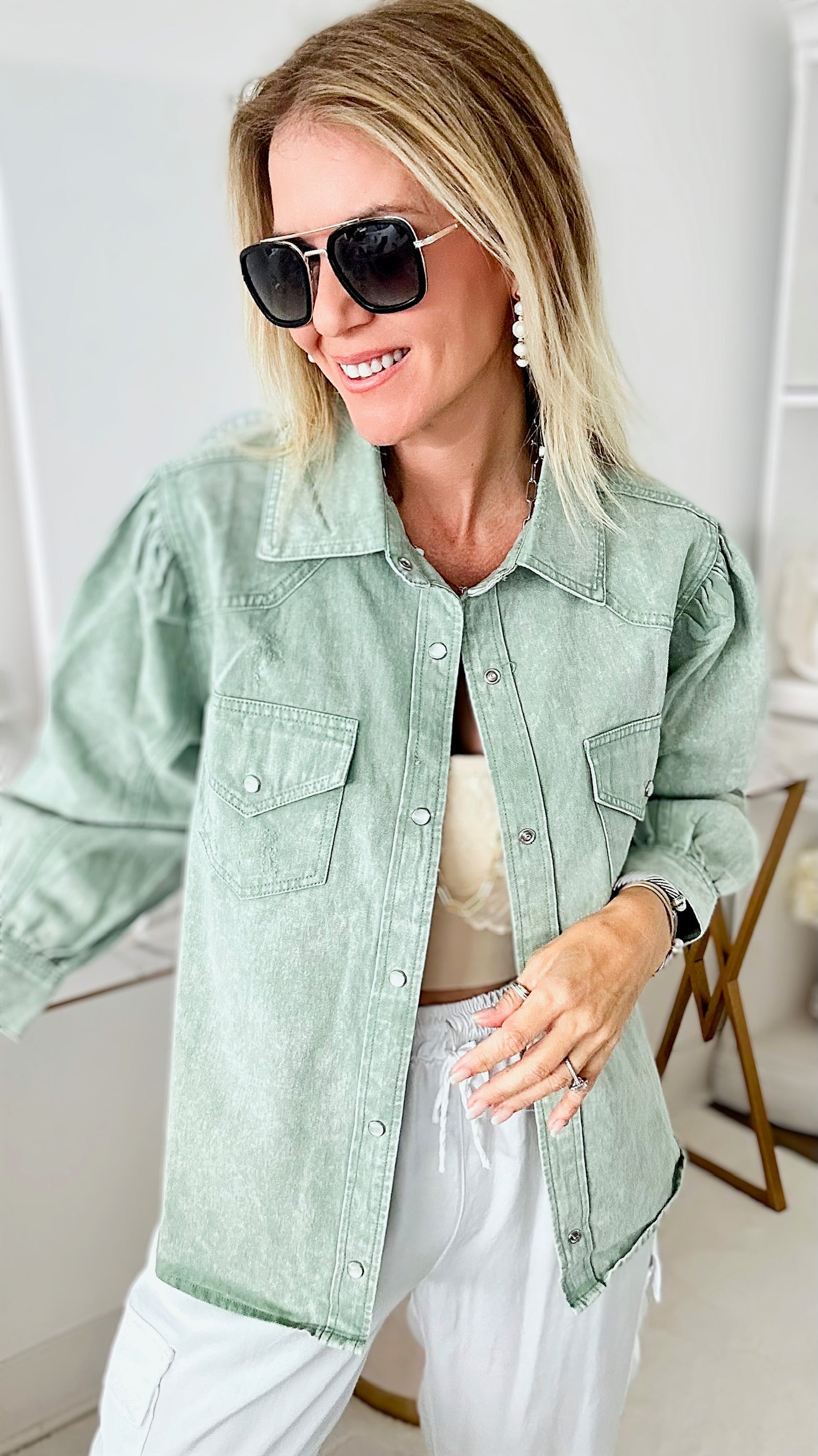Girly Girl Cowgirl Shacket - Seafoam-130 Long Sleeve Tops-entro-Coastal Bloom Boutique, find the trendiest versions of the popular styles and looks Located in Indialantic, FL