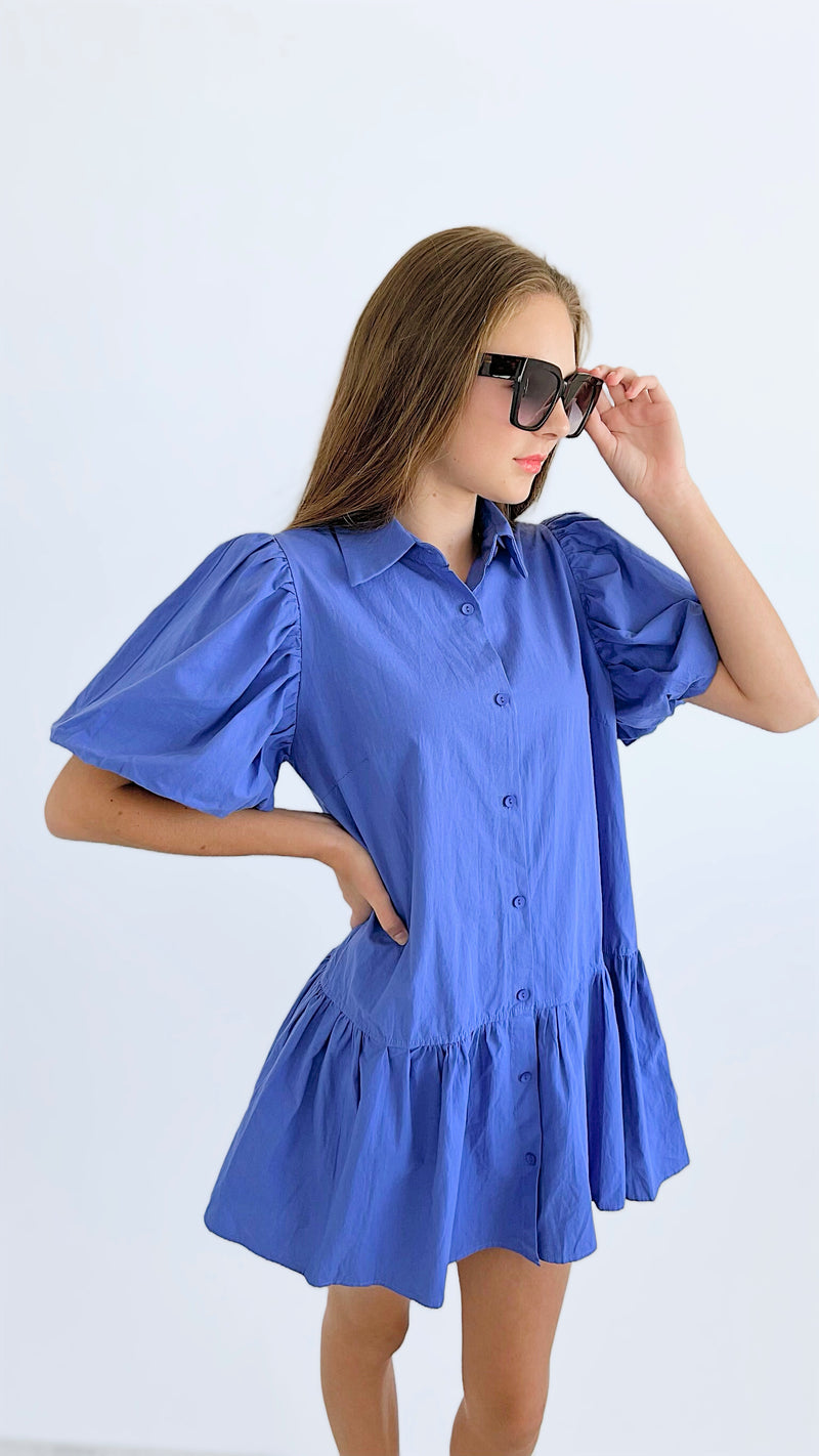 Puff Sleeves Button Down Dress - Periwinkle-200 dresses/jumpsuits/rompers-FSL APPAREL-Coastal Bloom Boutique, find the trendiest versions of the popular styles and looks Located in Indialantic, FL