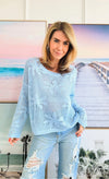 Flower Lightweight Knit Sweater - Light Blue-140 Sweaters-Miracle-Coastal Bloom Boutique, find the trendiest versions of the popular styles and looks Located in Indialantic, FL