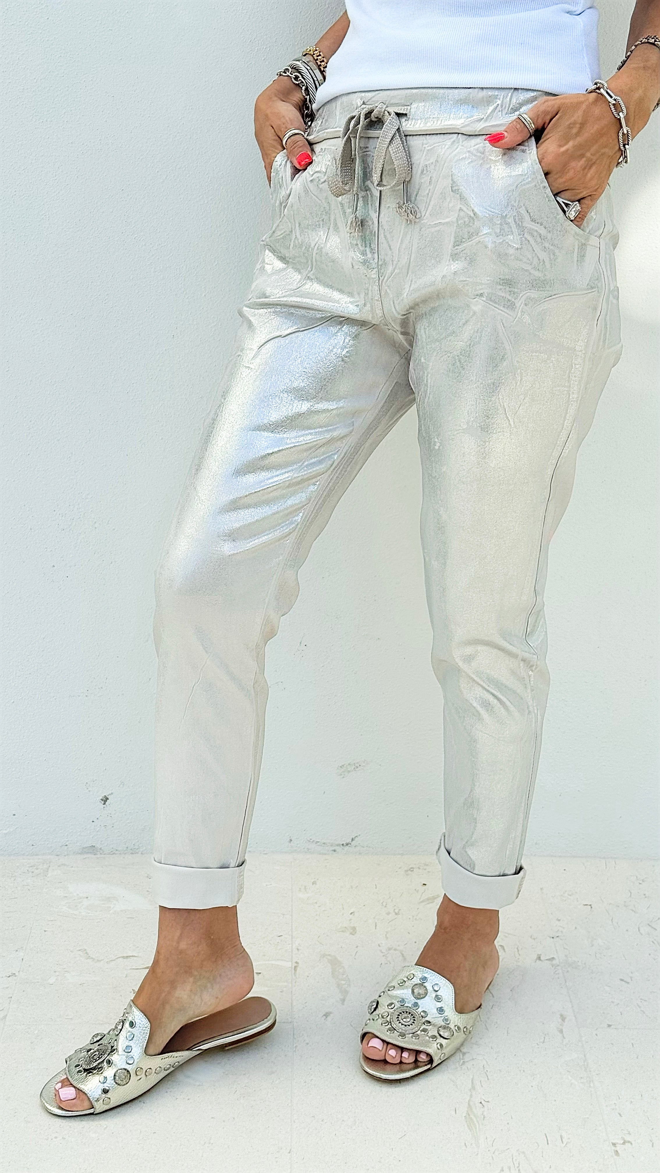 Shine-On Glistening Italian Joggers - Ecru/ Silver-180 Joggers-Italianissimo-Coastal Bloom Boutique, find the trendiest versions of the popular styles and looks Located in Indialantic, FL