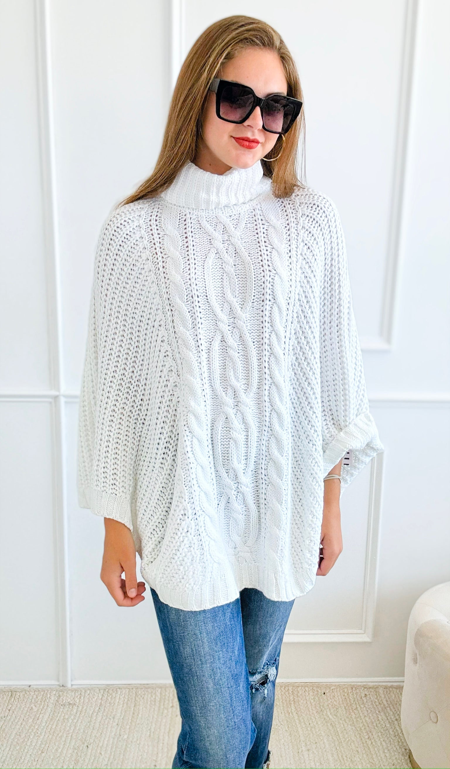 Knitted Turtle Neck Poncho-Off White-150 Cardigans/Layers-ROUSSEAU-Coastal Bloom Boutique, find the trendiest versions of the popular styles and looks Located in Indialantic, FL