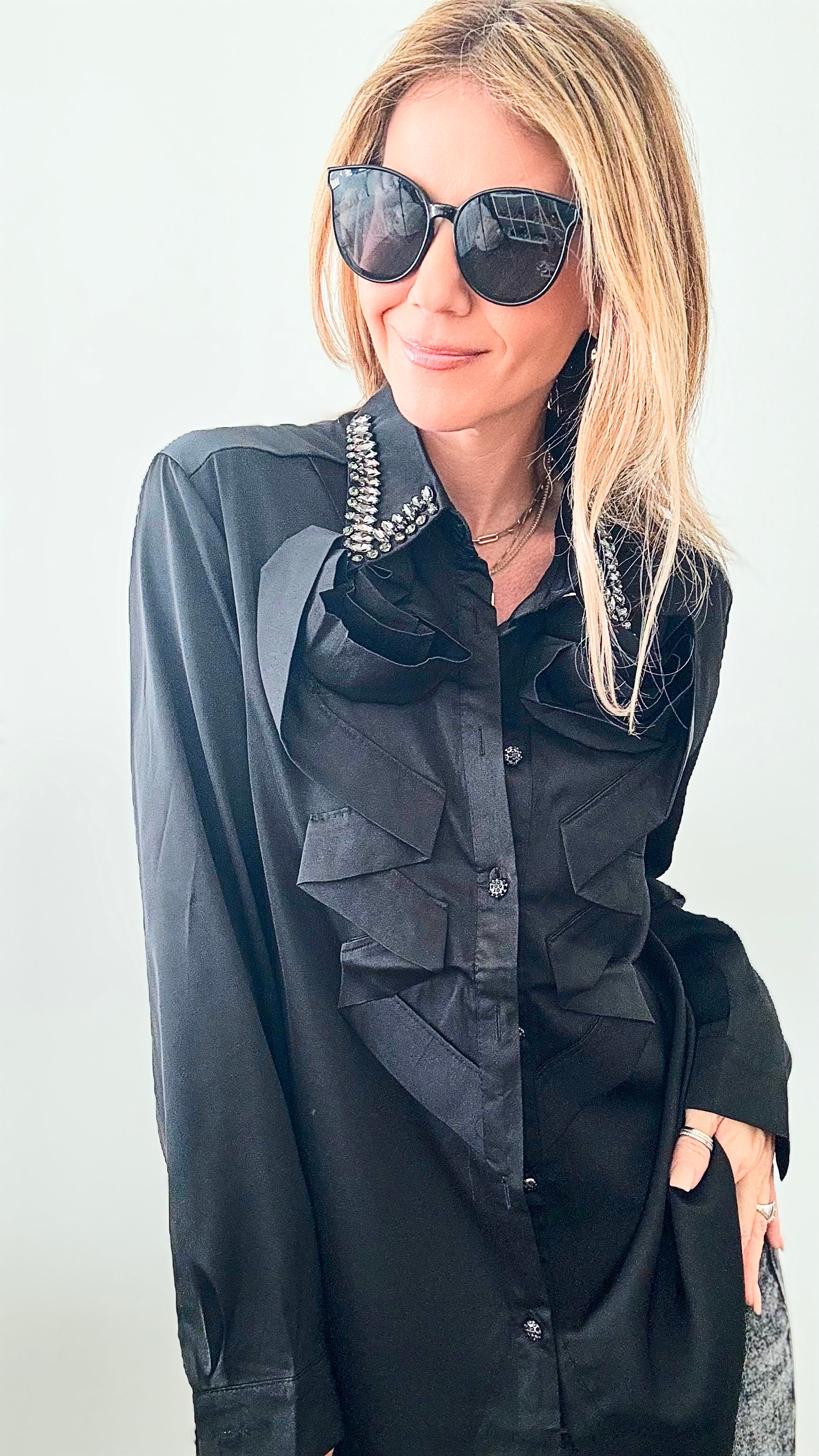 Collar Diamond Embellished Blouse- Black-160 Jackets-JJ's Fairyland-Coastal Bloom Boutique, find the trendiest versions of the popular styles and looks Located in Indialantic, FL