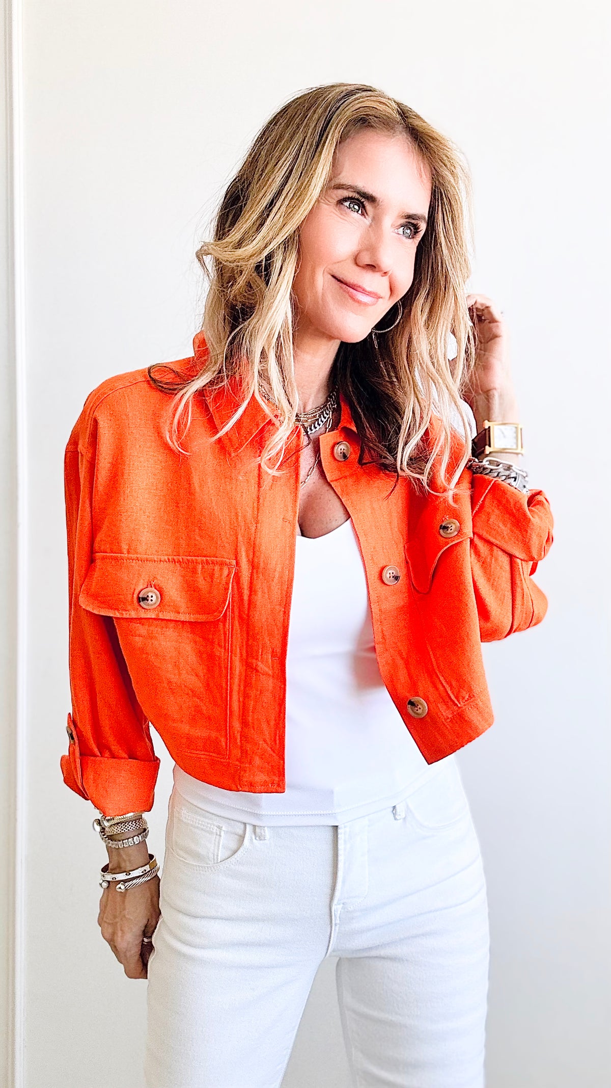 Linen Trench Crop Top - Orange-130 Long Sleeve Tops-Love Tree Fashion-Coastal Bloom Boutique, find the trendiest versions of the popular styles and looks Located in Indialantic, FL