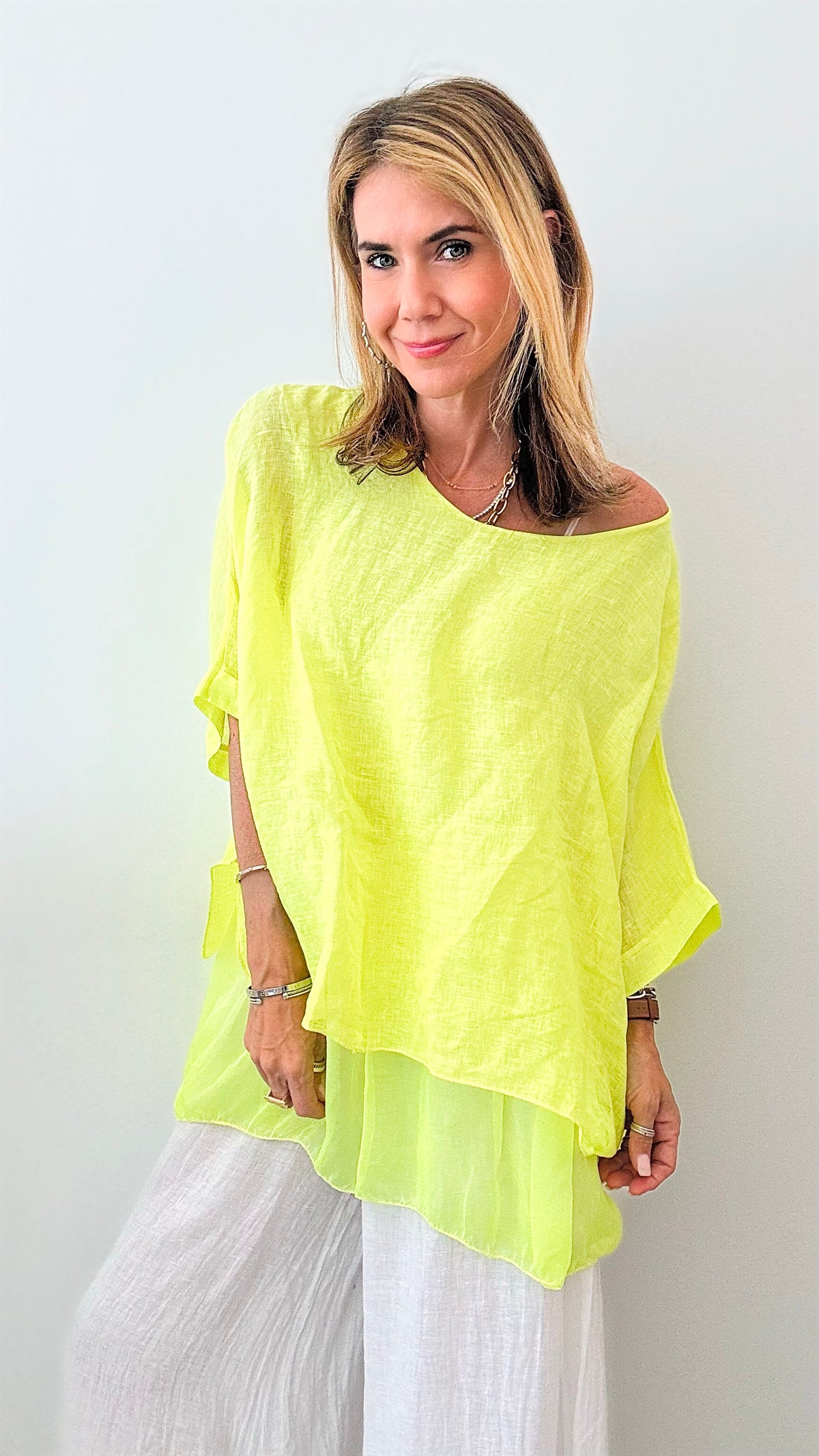 Linen Ruffle Italian Top - Neon Yellow-110 Short Sleeve Tops-Italianissimo-Coastal Bloom Boutique, find the trendiest versions of the popular styles and looks Located in Indialantic, FL