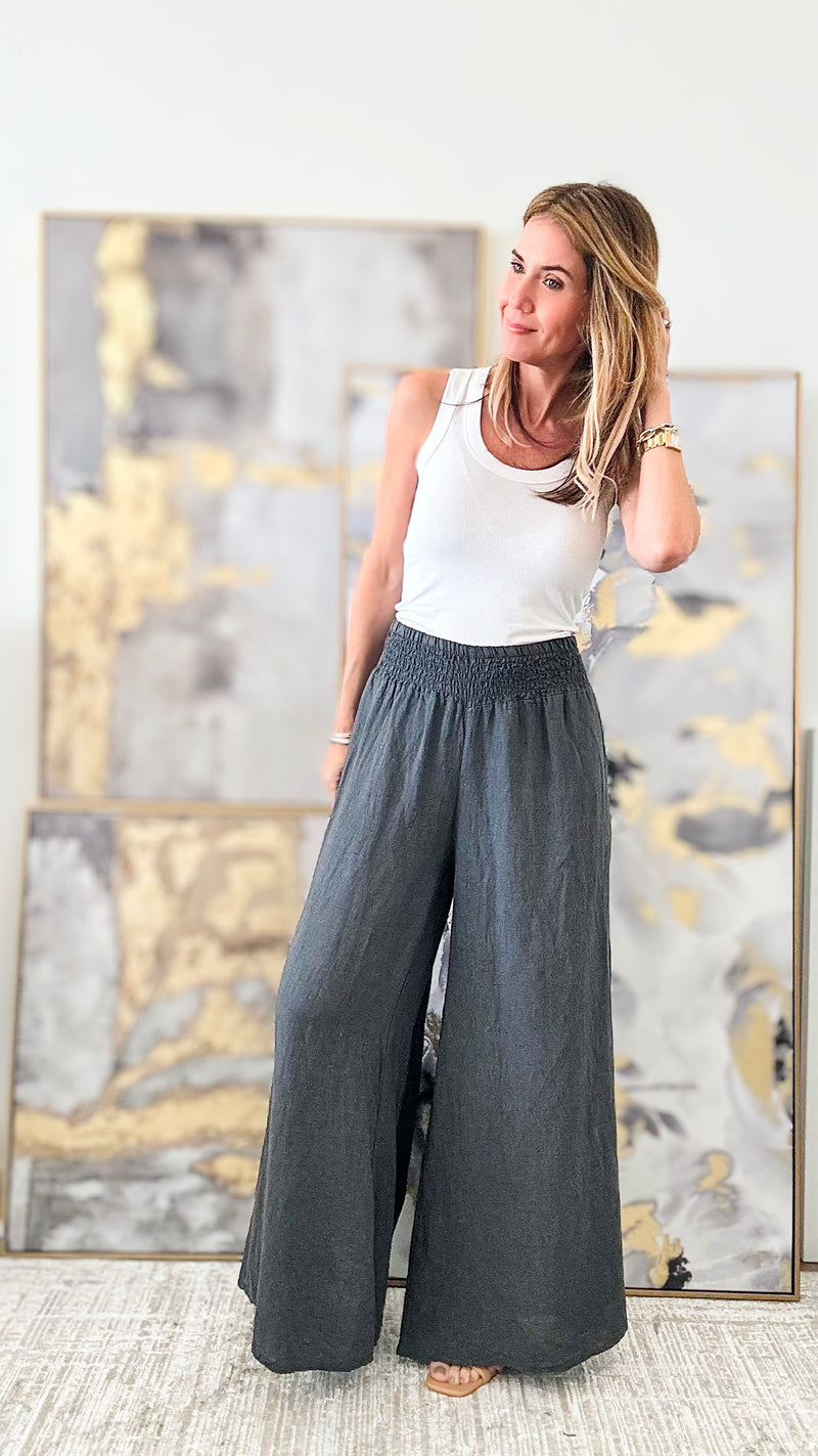Born Free Linen Italian Palazzo - Charcoal-170 Bottoms-Germany-Coastal Bloom Boutique, find the trendiest versions of the popular styles and looks Located in Indialantic, FL