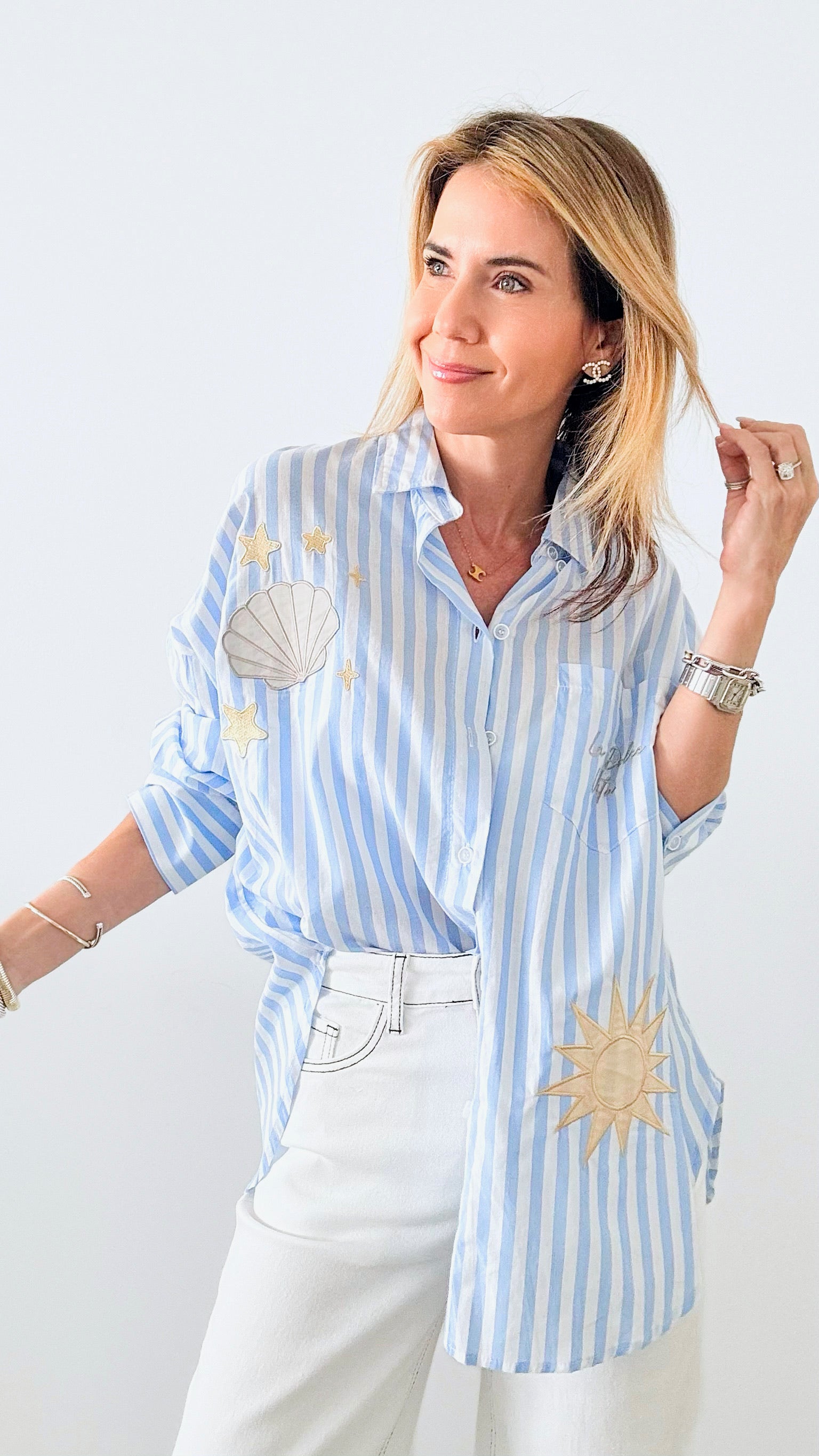 Sun + Shells Striped Italian Blouse - Sky Blue-170 Bottoms-Italianissimo-Coastal Bloom Boutique, find the trendiest versions of the popular styles and looks Located in Indialantic, FL