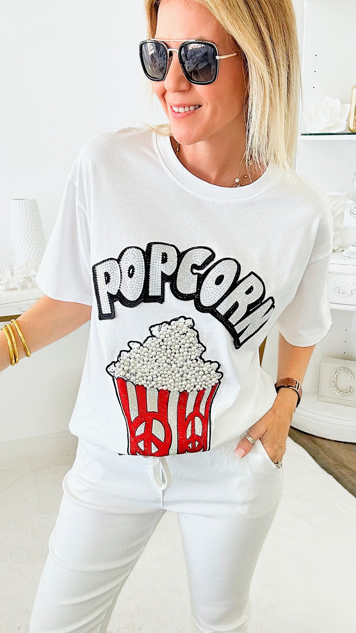 Popcorn Embellished T-Shirt - White-110 Short Sleeve Tops-La' Ros-Coastal Bloom Boutique, find the trendiest versions of the popular styles and looks Located in Indialantic, FL