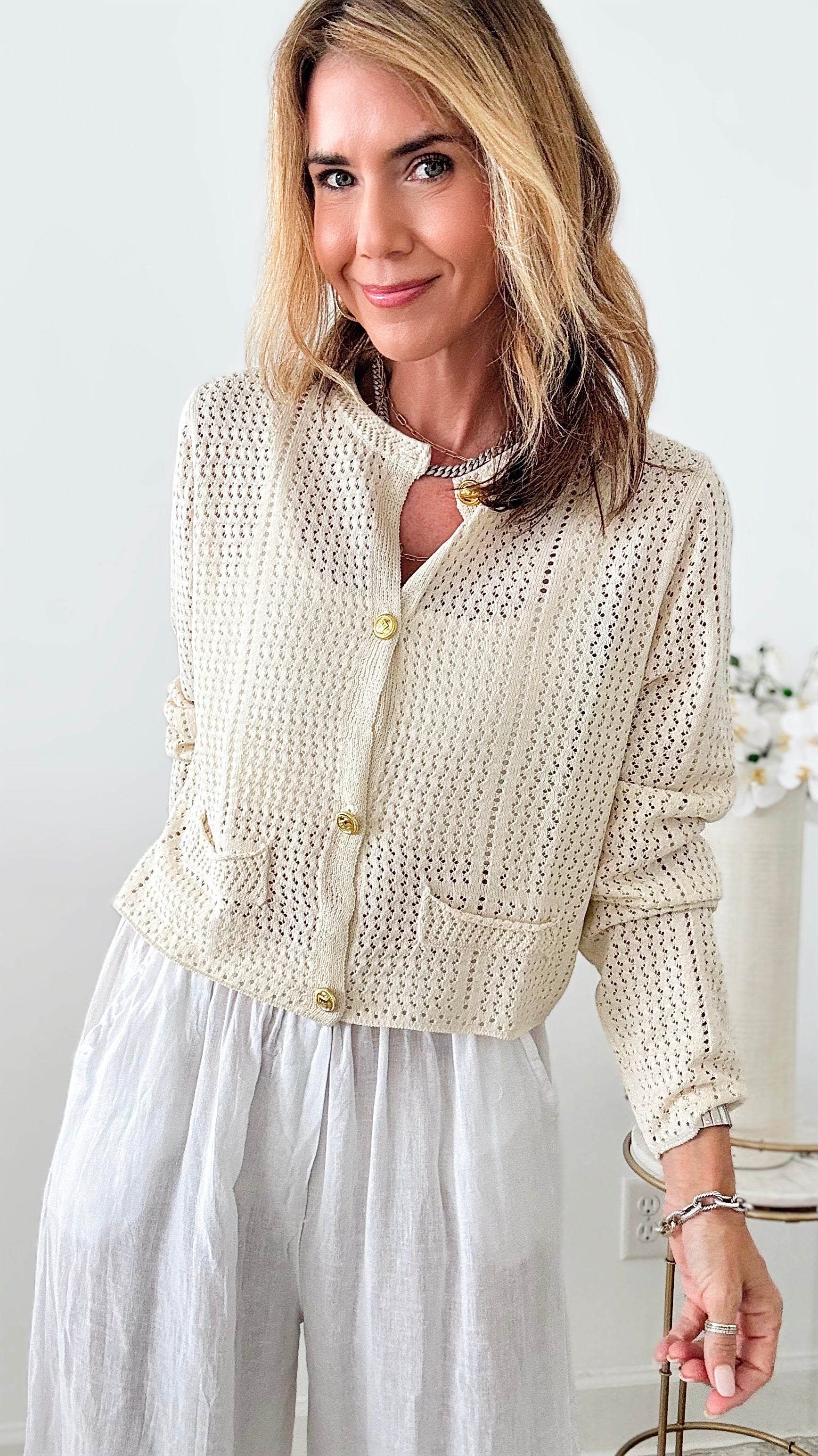 Pointelle Knit Buttoned Cardigan - Beige-150 Cardigan Layers-original usa-Coastal Bloom Boutique, find the trendiest versions of the popular styles and looks Located in Indialantic, FL