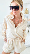 Girl Power Blouse Shorts Set - Beige-130 Long Sleeve Tops-BLUE B-Coastal Bloom Boutique, find the trendiest versions of the popular styles and looks Located in Indialantic, FL