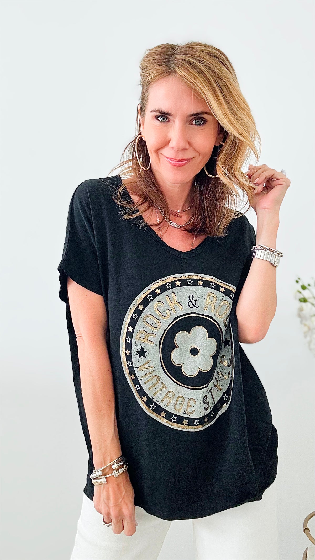 Vintage Rock + Roll Italian Graphic Tee - Black-120 Graphic-Italianissimo-Coastal Bloom Boutique, find the trendiest versions of the popular styles and looks Located in Indialantic, FL