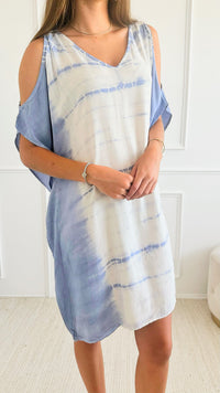 Tie Dye Woven Dress - Powder Blue-110 Short Sleeve Tops-Chatoyant-Coastal Bloom Boutique, find the trendiest versions of the popular styles and looks Located in Indialantic, FL