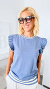 Varsity Ruffle Sweater Vest - Denim-100 Sleeveless Tops-BIBI-Coastal Bloom Boutique, find the trendiest versions of the popular styles and looks Located in Indialantic, FL