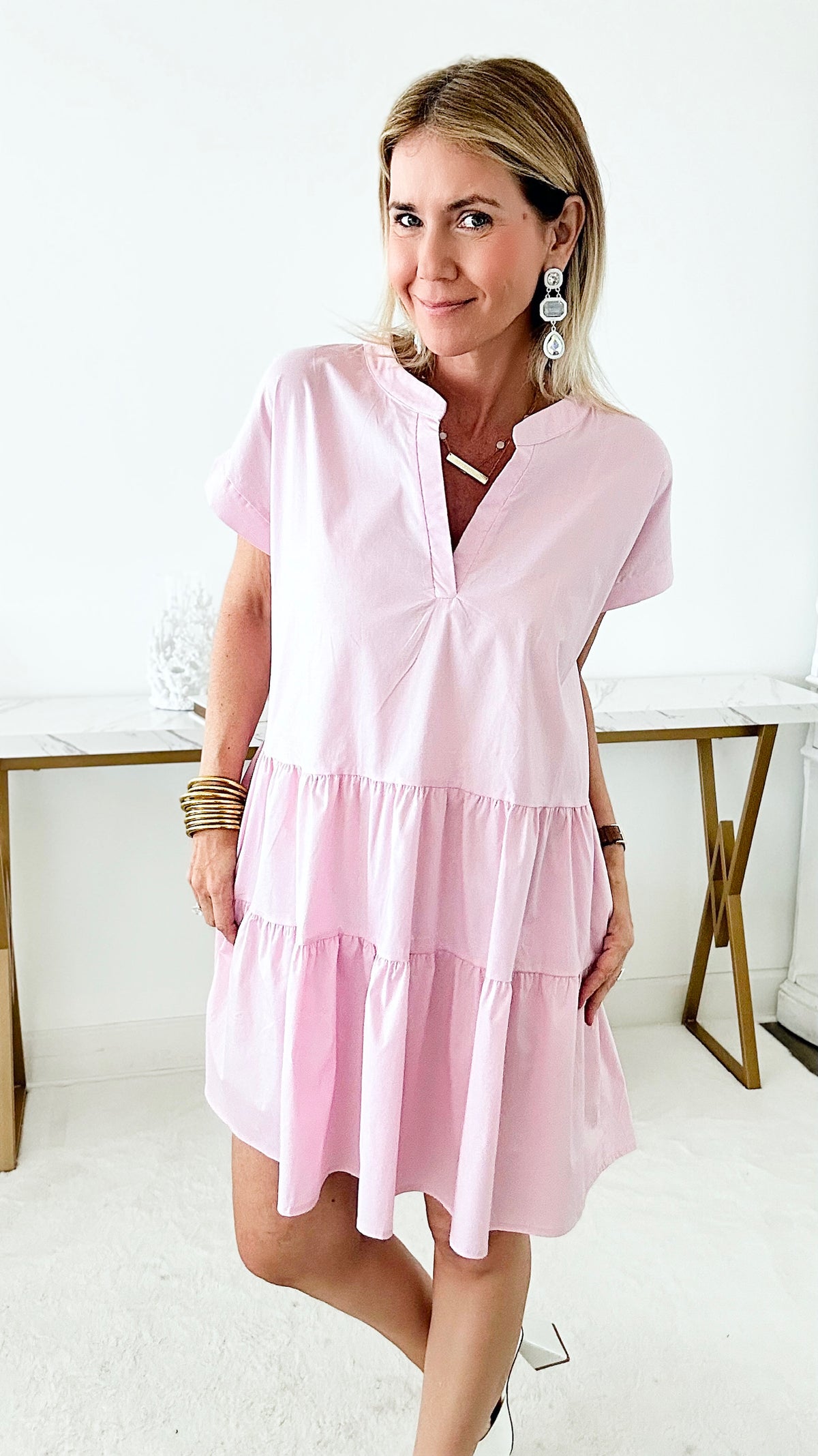 V-Neck Tiered Dress - Baby Pink-200 dresses/jumpsuits/rompers-FSL APPAREL-Coastal Bloom Boutique, find the trendiest versions of the popular styles and looks Located in Indialantic, FL