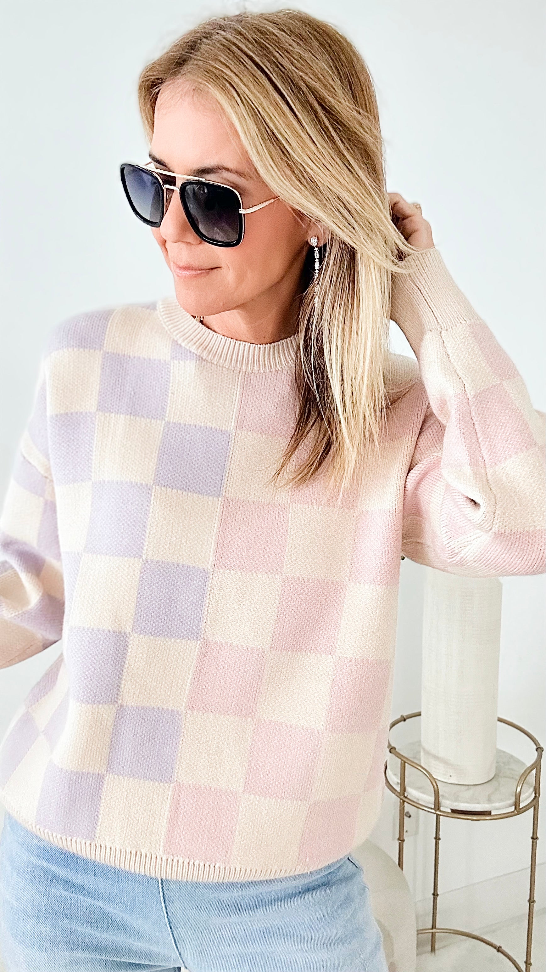 Two Tone Checker Sweater-140 Sweaters-MISS SPARKLING-Coastal Bloom Boutique, find the trendiest versions of the popular styles and looks Located in Indialantic, FL