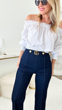 High Waist Wide Stretch Pants - Dark Blue-170 Bottoms-VALENTINE-Coastal Bloom Boutique, find the trendiest versions of the popular styles and looks Located in Indialantic, FL