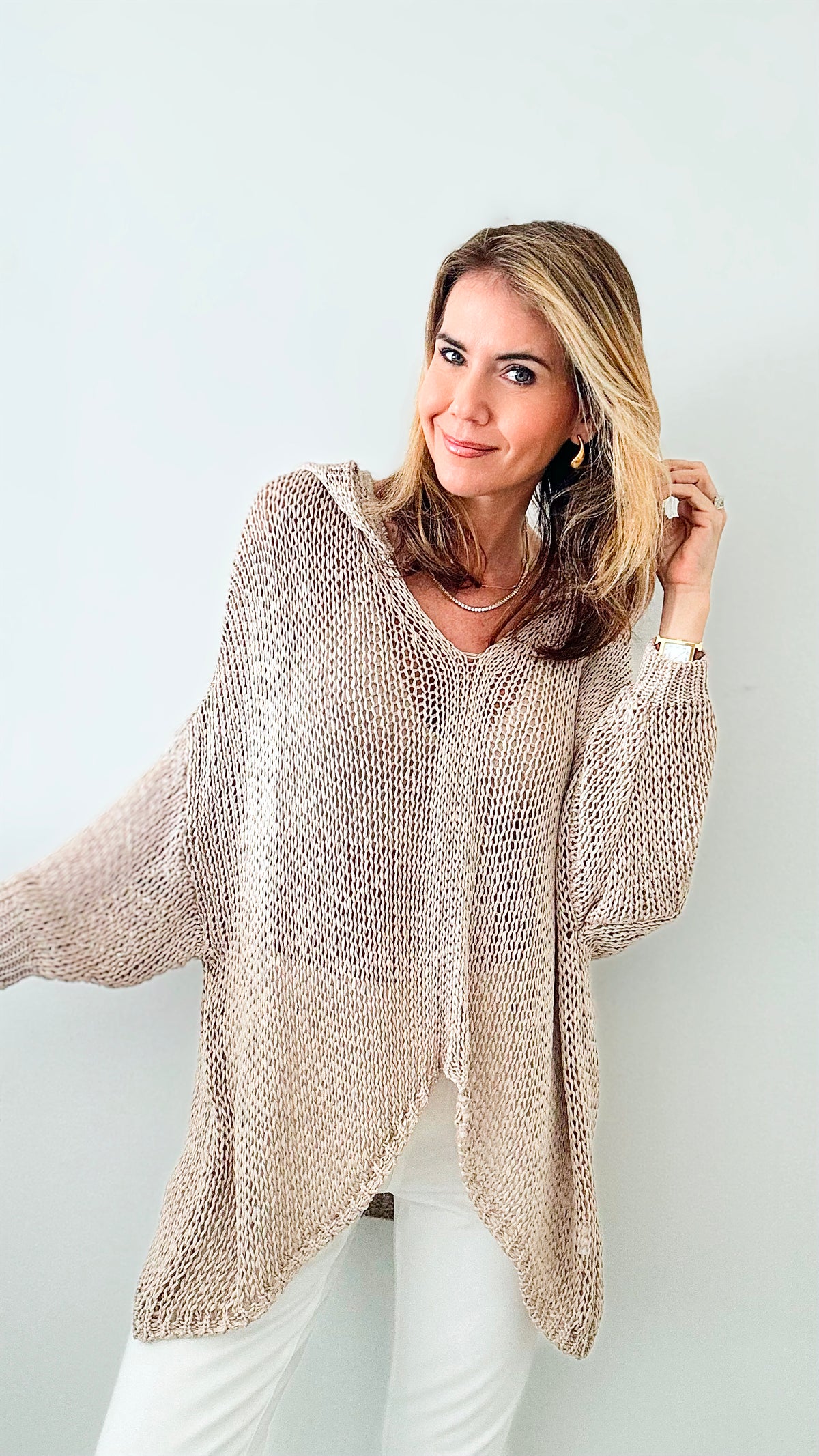 Crochet Italian Hoodie - Beige-140 Sweaters-Italianissimo-Coastal Bloom Boutique, find the trendiest versions of the popular styles and looks Located in Indialantic, FL