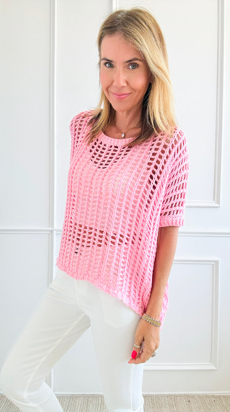 Crochet Short-Sleeved Top - Pink-110 Short Sleeve Tops-BIBI-Coastal Bloom Boutique, find the trendiest versions of the popular styles and looks Located in Indialantic, FL