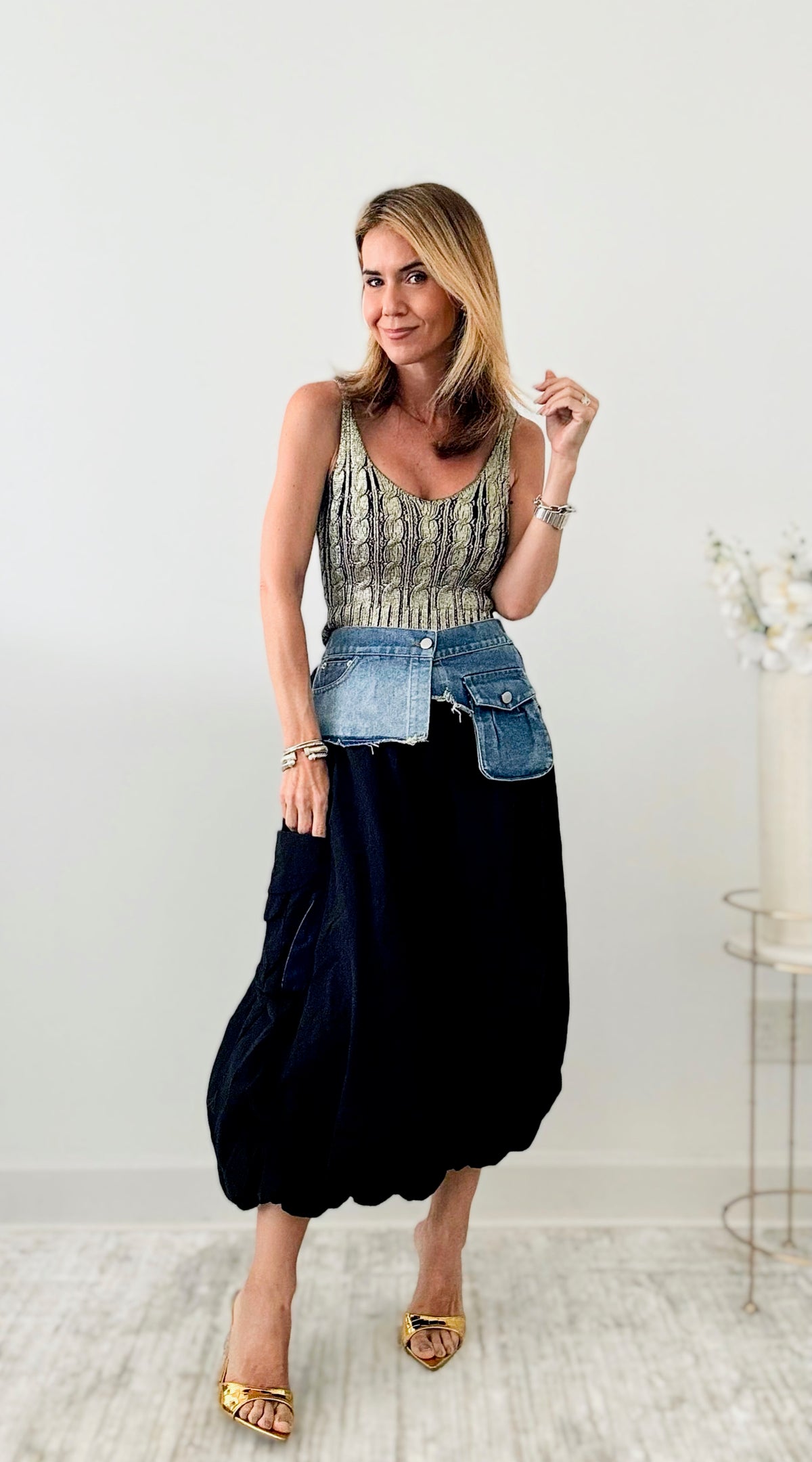 Denim Contrast Balloon Skirt - Black/Blue-170 Bottoms-LA ROS-Coastal Bloom Boutique, find the trendiest versions of the popular styles and looks Located in Indialantic, FL